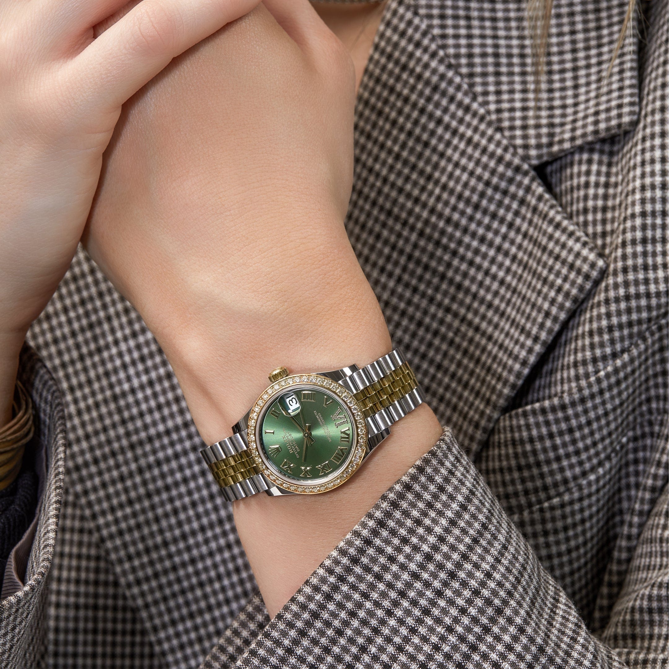 Rolex Datejust 31 278383RBR 'Ladies' Yellow Gold Stainless Steel Green Roman Dial Diamond Bezel