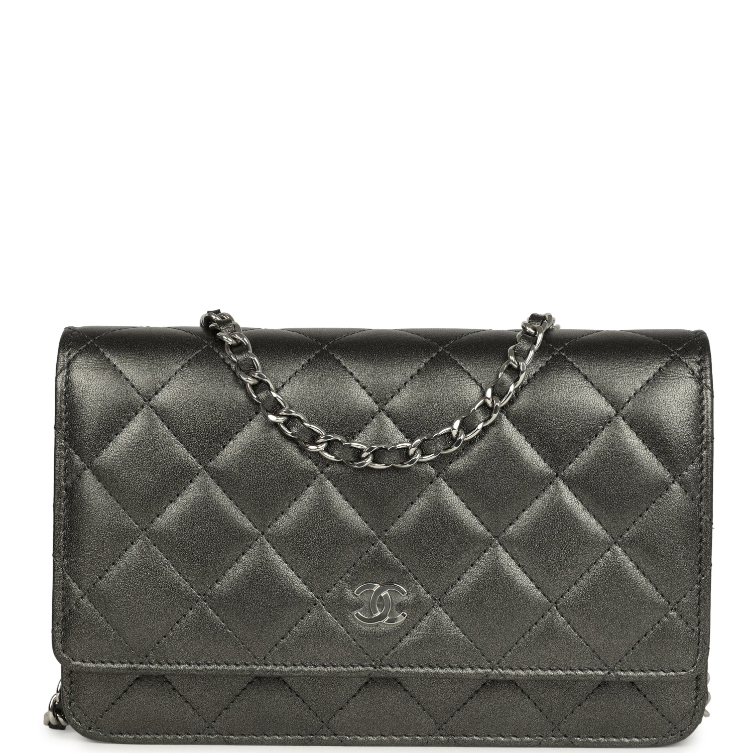 Chanel Wallet On Chain WOC Metallic Grey Lambskin Silver Hardware