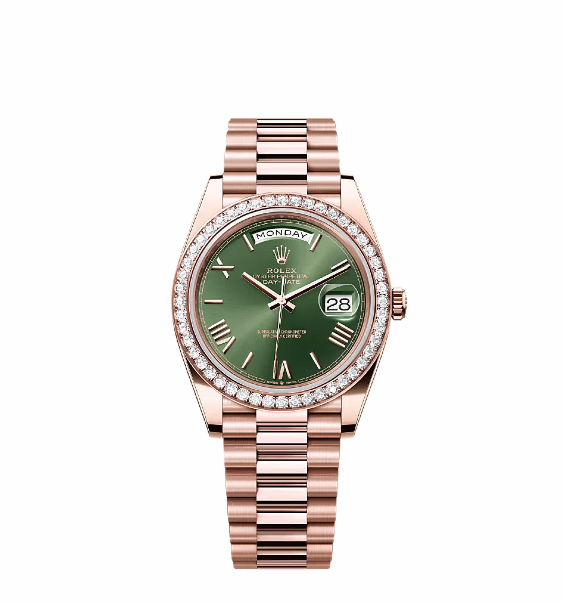 Rolex Day-Date 40 228235 Rose Gold Green Roman Dial Diamond Bezel