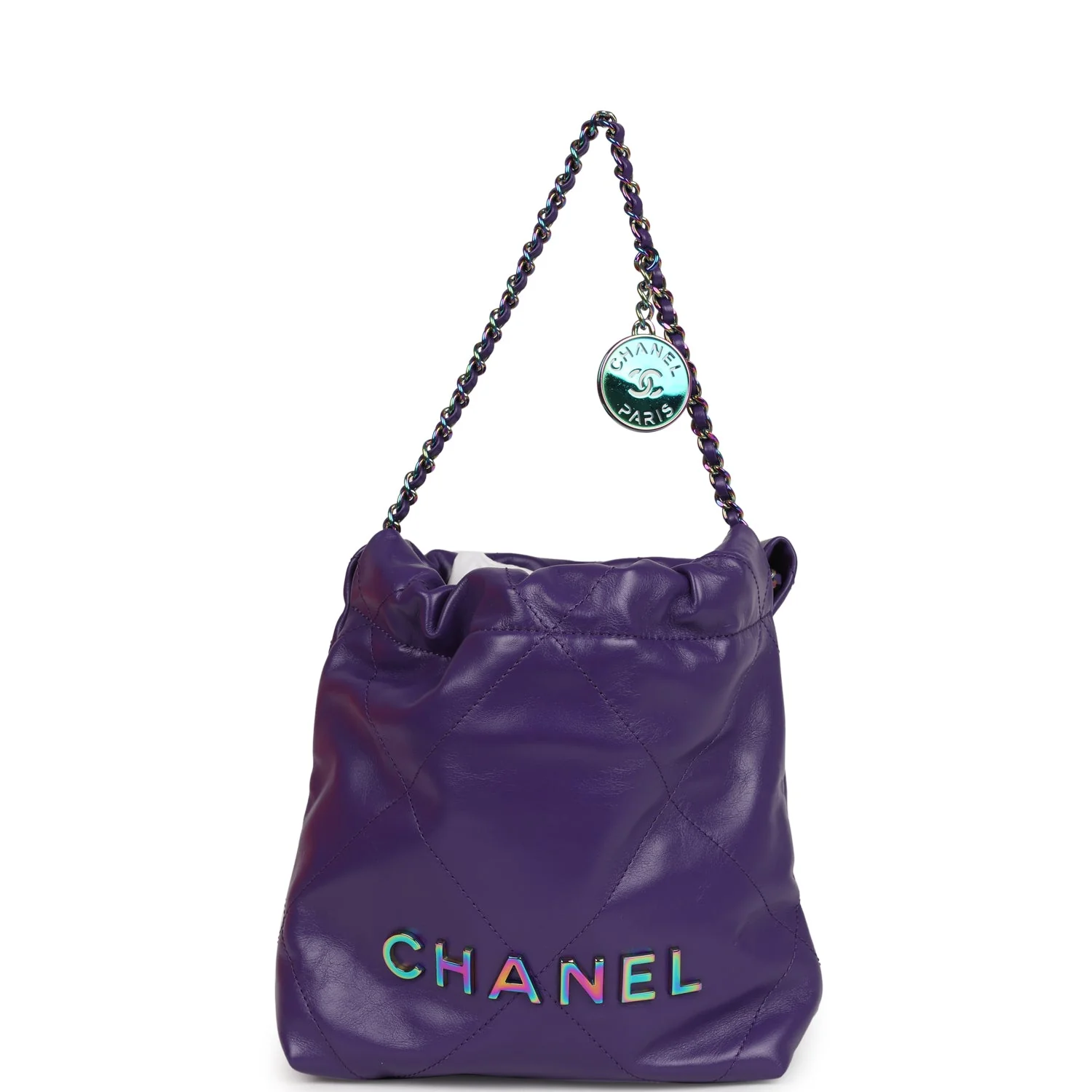 Chanel Mini 22 Bag Dark Purple Lambskin Rainbow Hardware