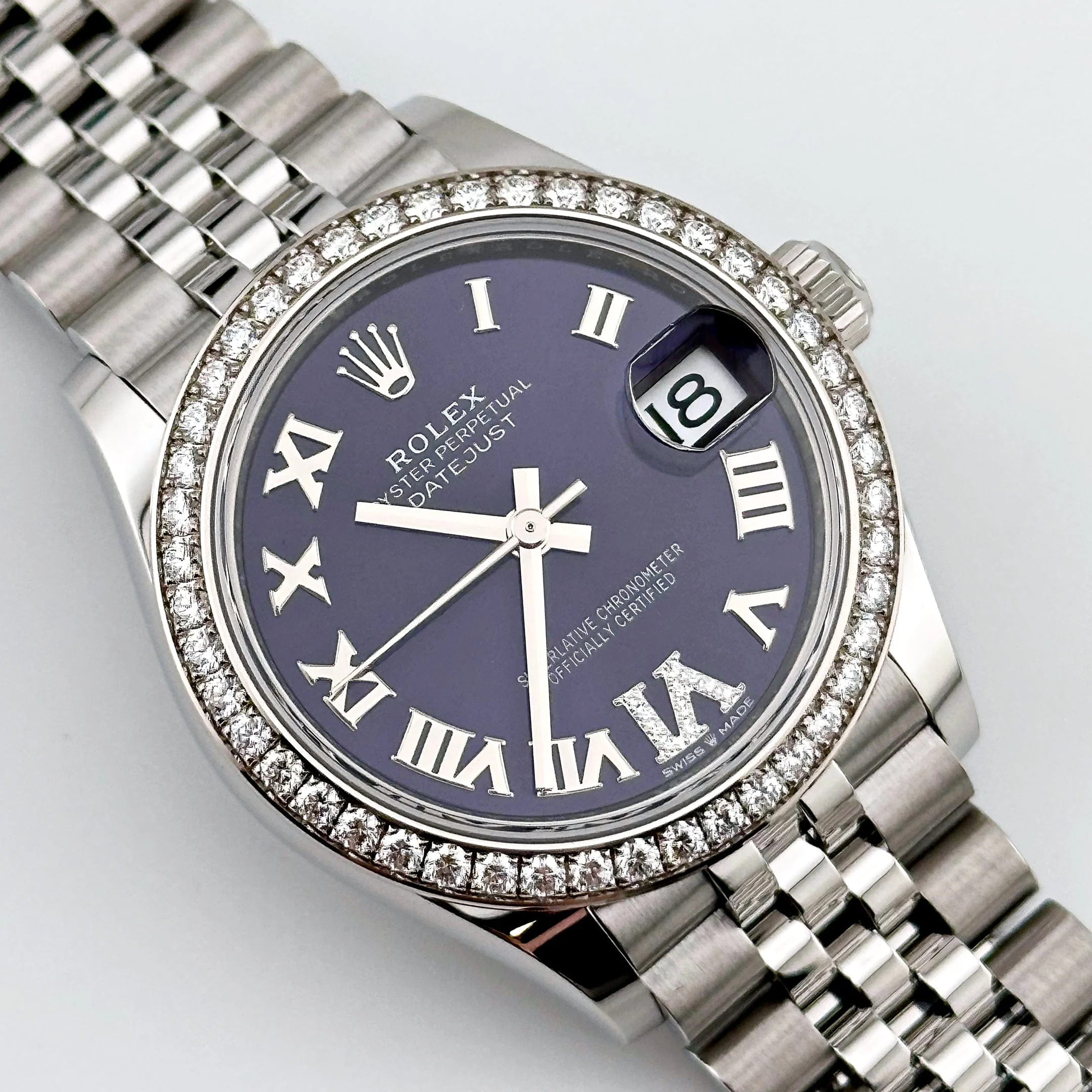 Rolex Datejust 31 278384RBR 'Ladies' Stainless Steel Diamond Bezel Violet Roman Dial Jubilee