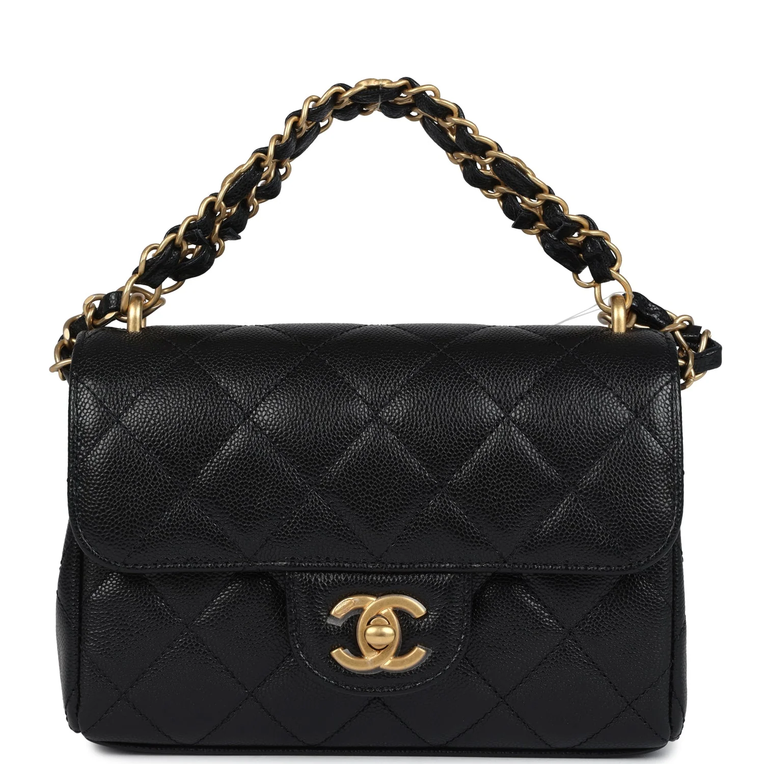 Chanel Mini Top Handle Flap Bag Black Grained Calfskin Brushed Gold Hardware
