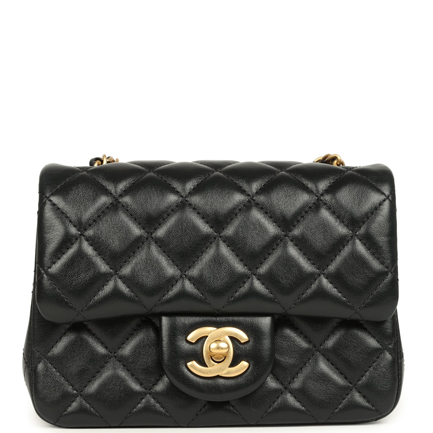 Chanel Mini Pearl Crush Square Flap Bag Black Shiny Lambskin Brushed Gold Hardware