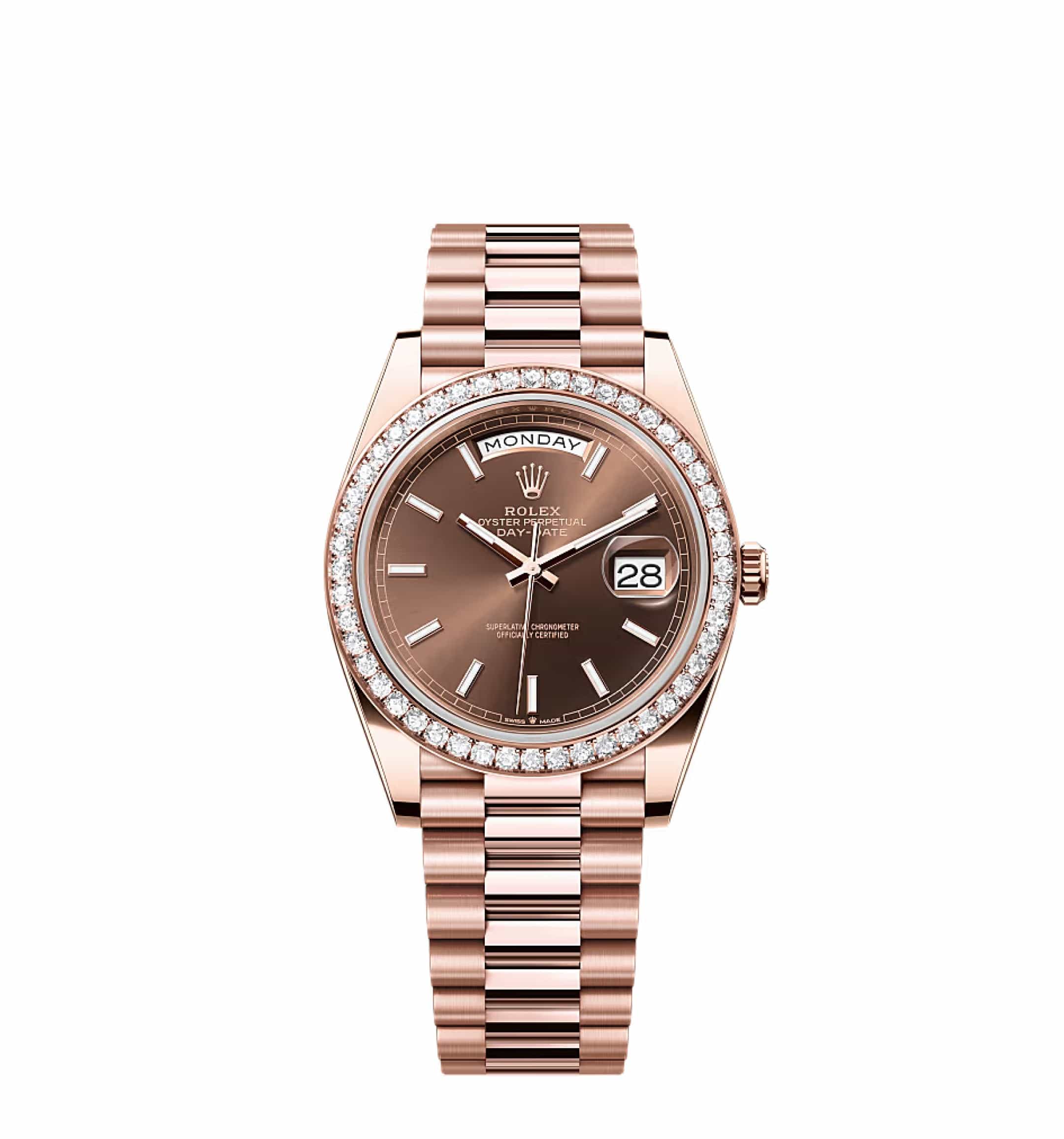 Rolex Day-Date 40 228235 Rose Gold Chocolate Dial Diamond Bezel