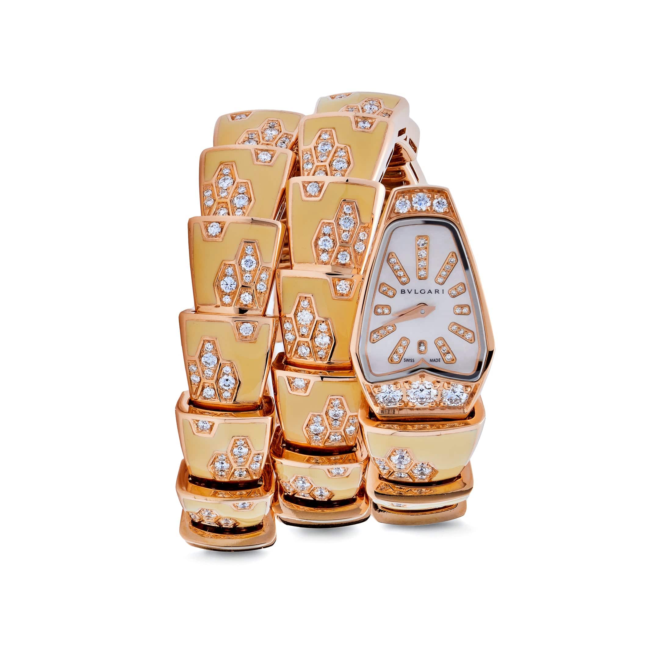 BVLGARI Serpenti Two-Coil Watch 101985 'Ladies' Rose Gold Diamonds Lacquer Mother of Pearl Dial