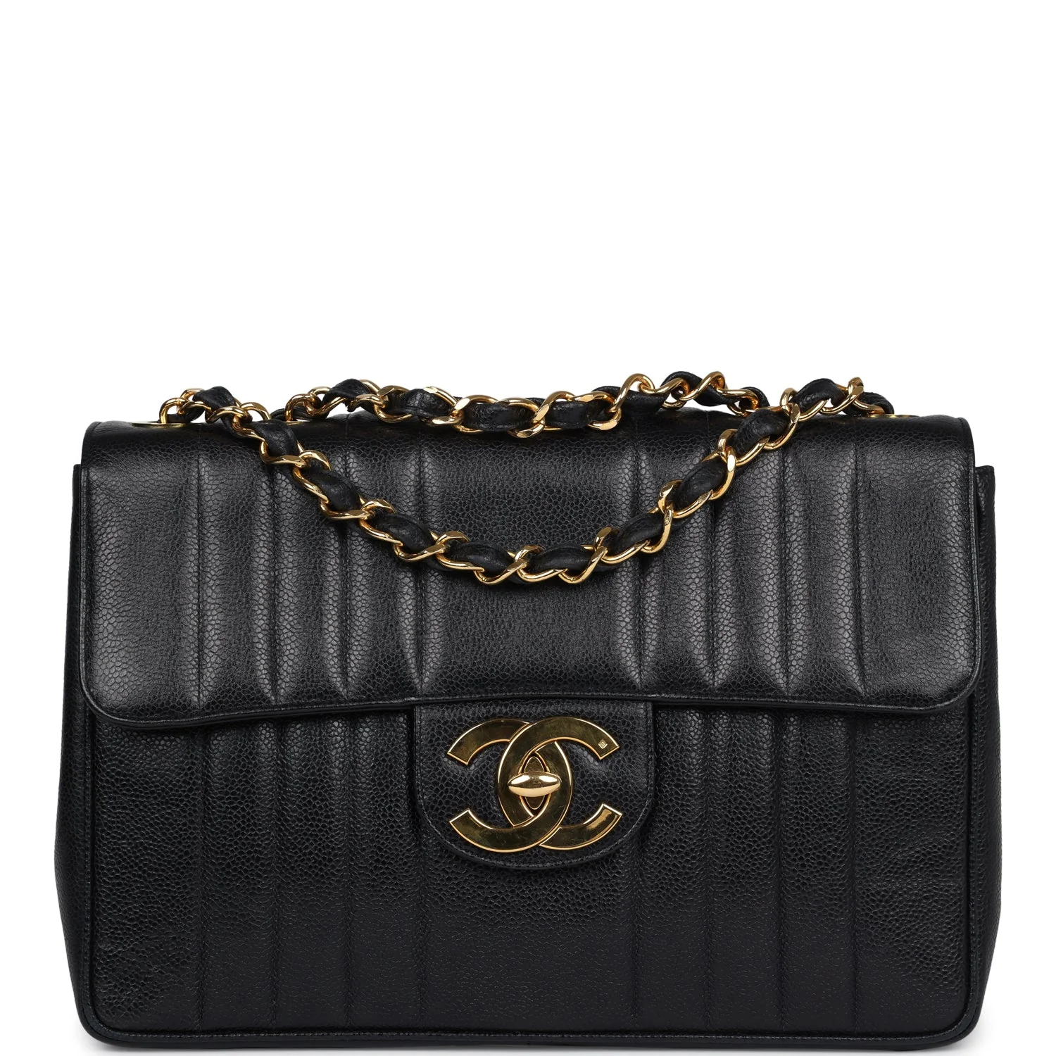 Vintage Chanel XL Jumbo Classic Mademoiselle Vertical Flap Black Caviar Gold Hardware
