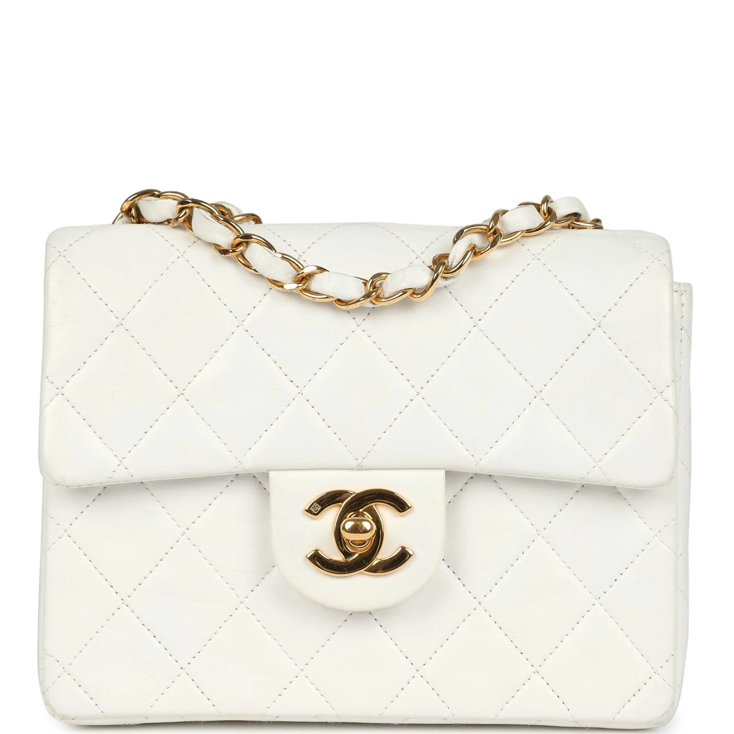 Vintage Chanel Mini Square Flap Bag White Lambskin Gold Hardware