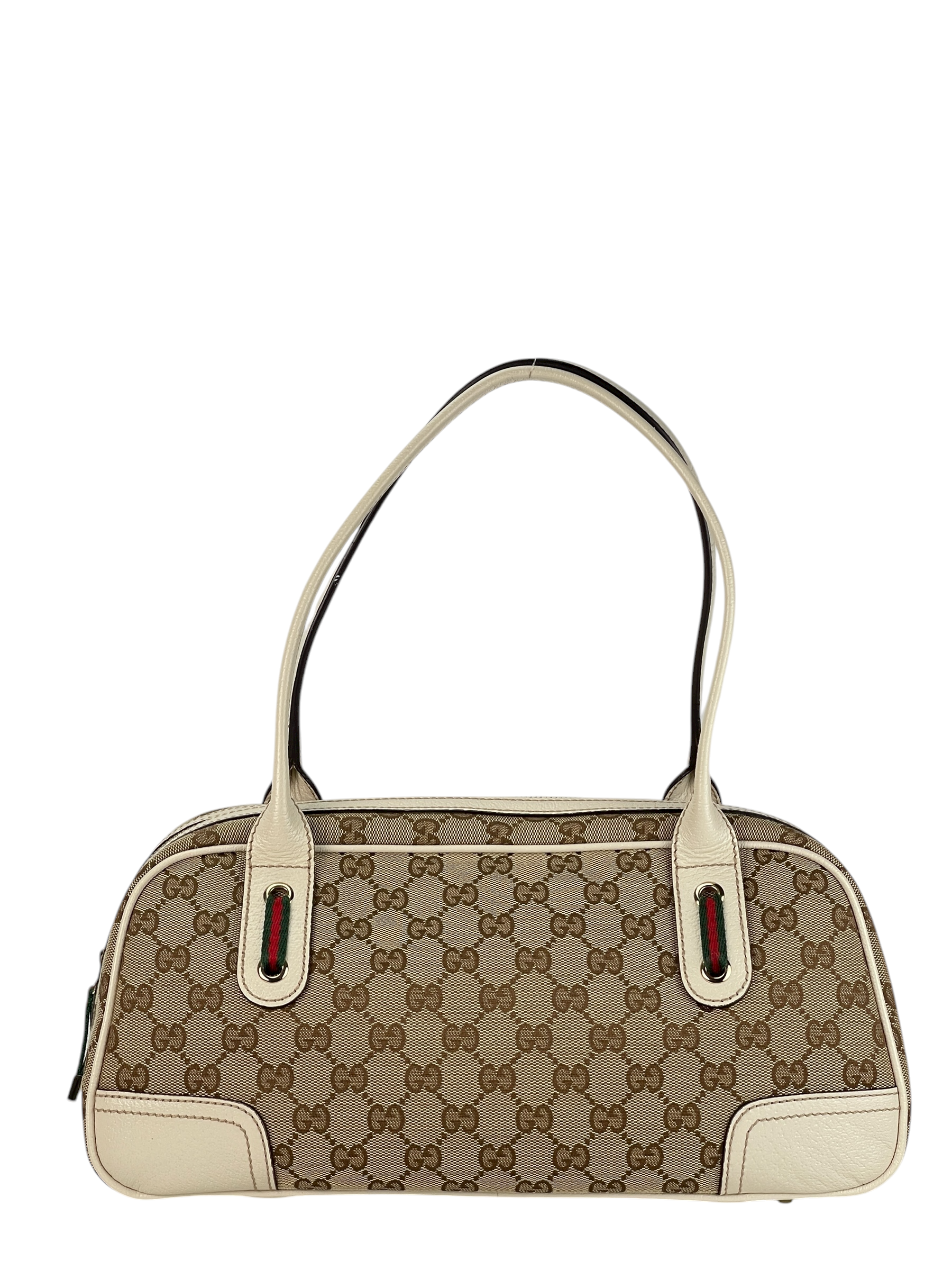 GUCCI - Monogram White Canvas Leather GG Mini Boston Bag