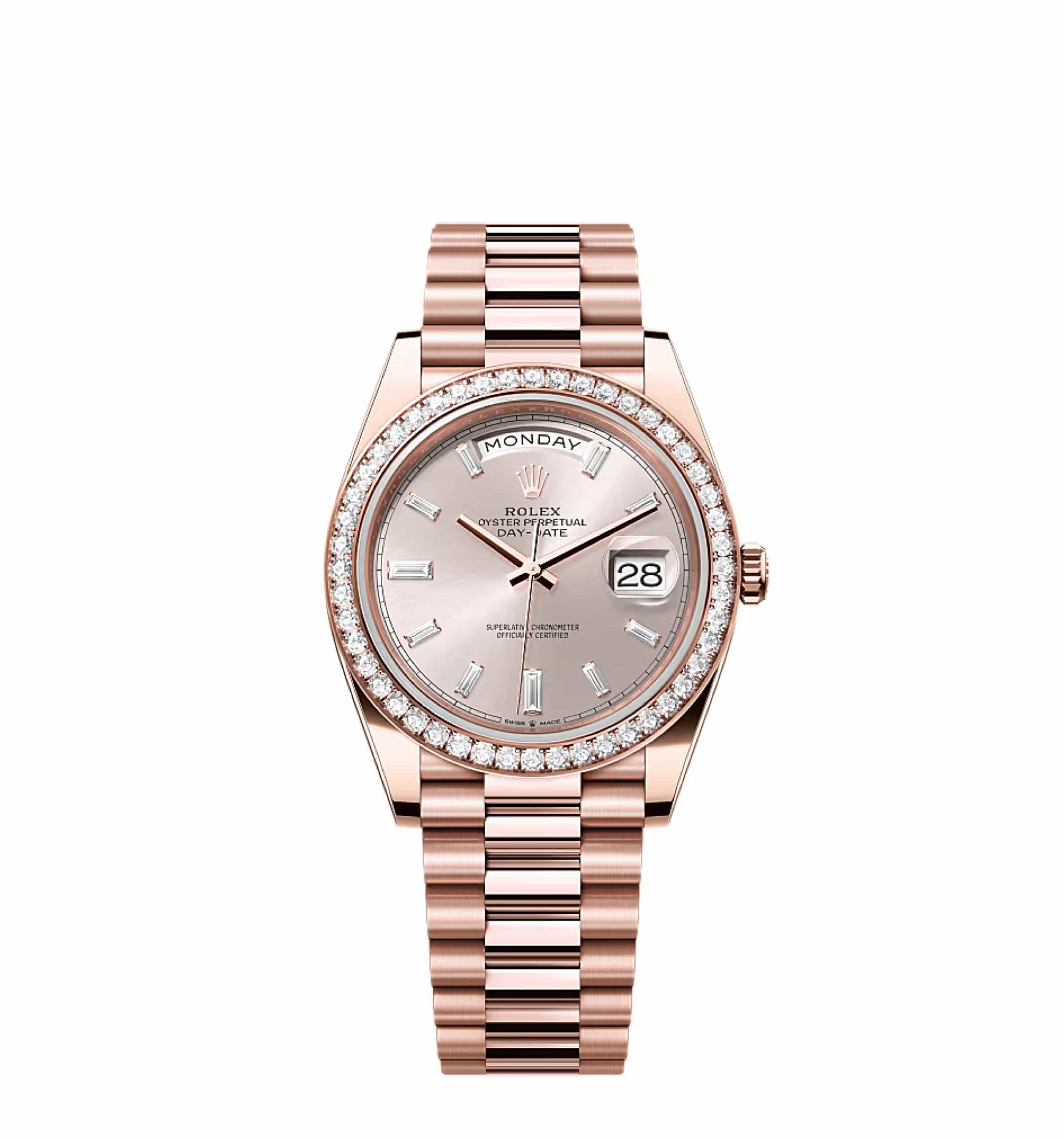 Rolex Day-Date 40 228235 Rose Gold Sundust Diamond Dial Diamond Bezel