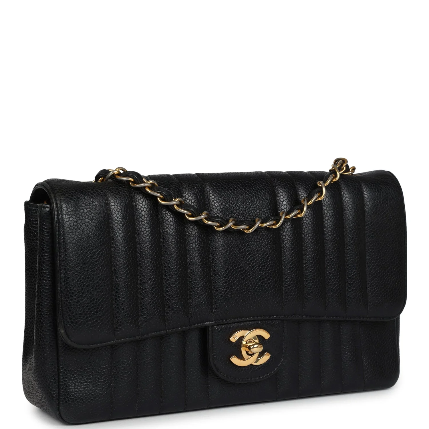 Vintage Chanel Medium Vertical Flap Bag Black Caviar Gold Hardware