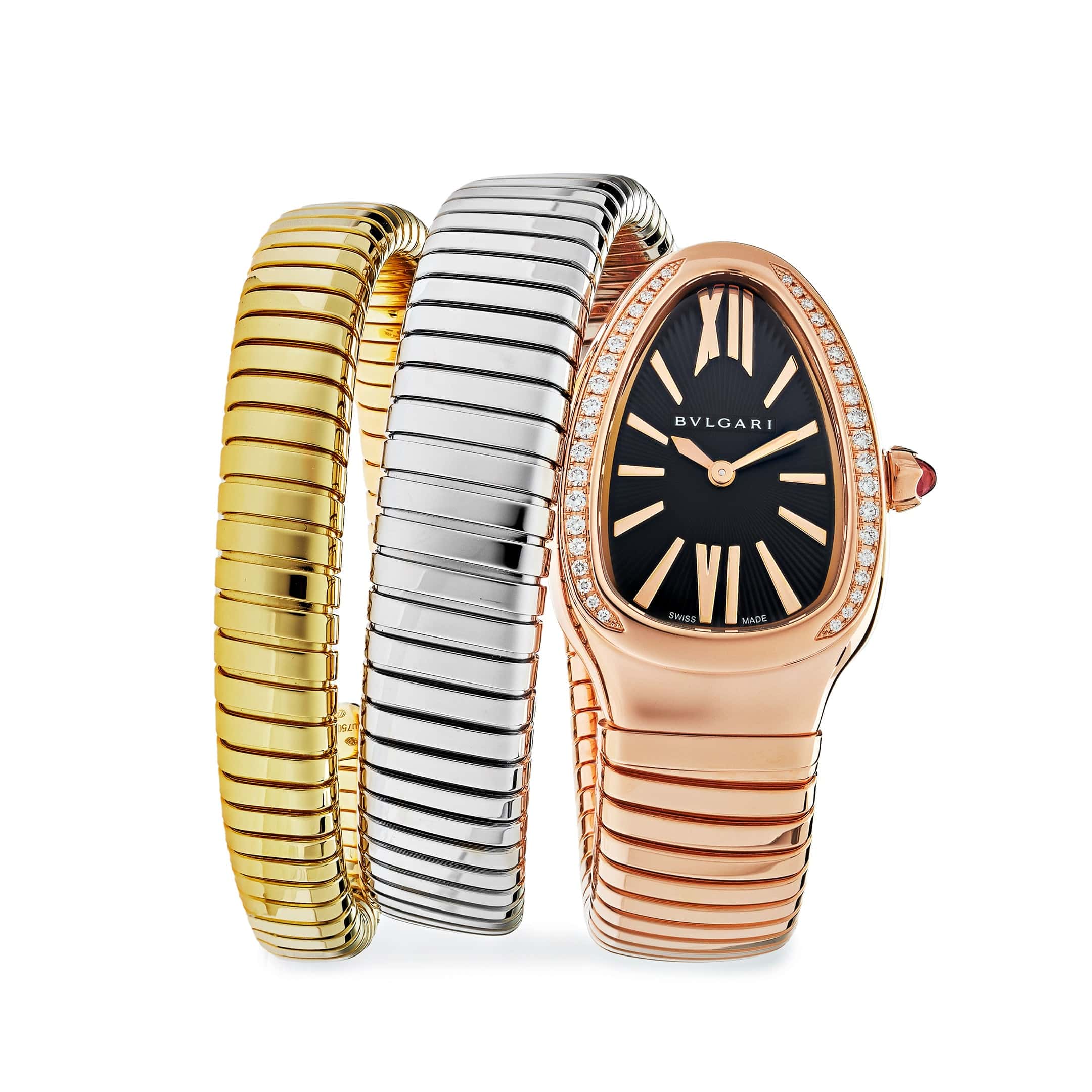 BVLGARI Serpenti Tubogas Watch 102948 Three-Tone Double Spiral Diamond Bezel
