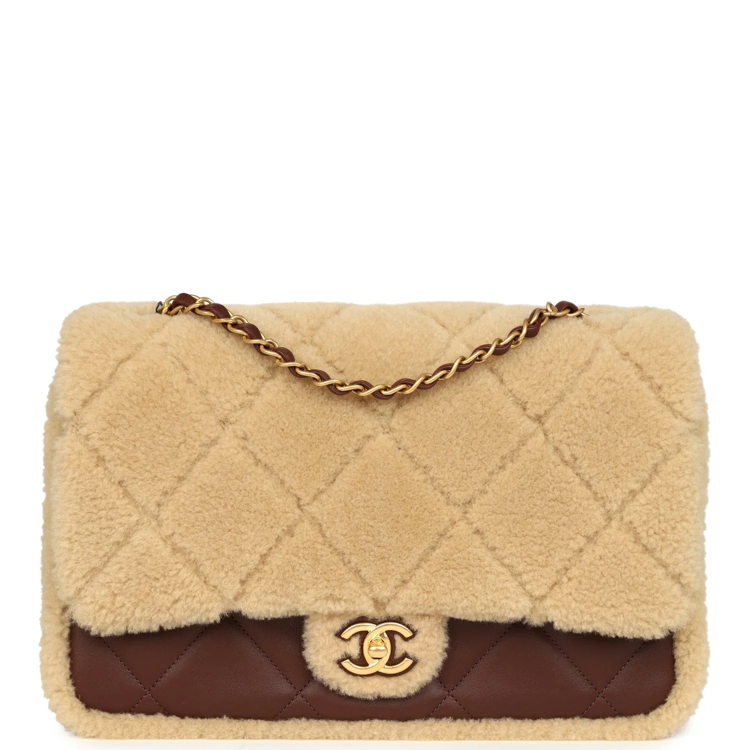 Chanel Large Shearling Flap Bag Dark Brown Lambskin and Beige Shearling Brushed Gold Hardware