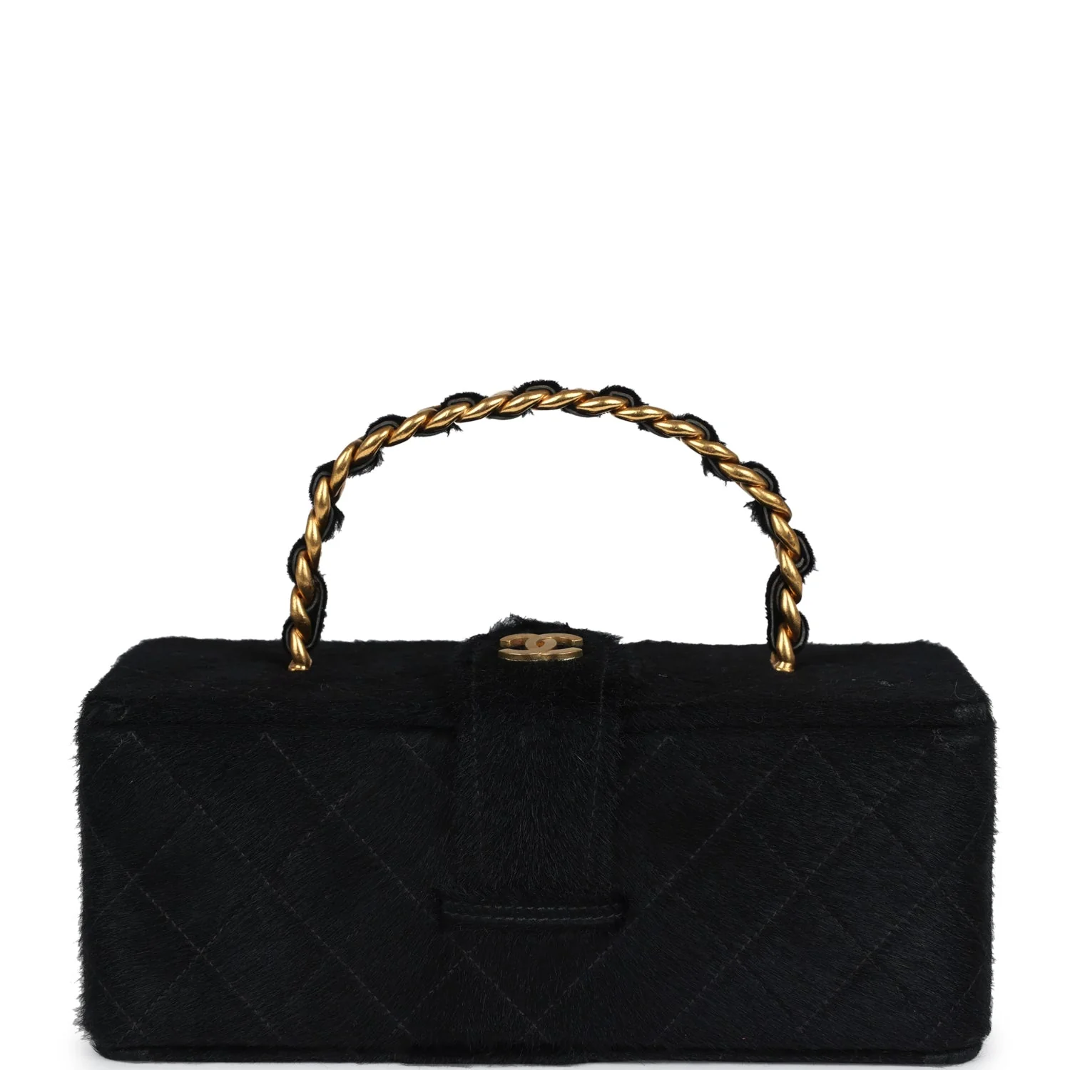 Vintage Chanel Rectangular Vanity Box Black Pony Hair Antique Gold Hardware