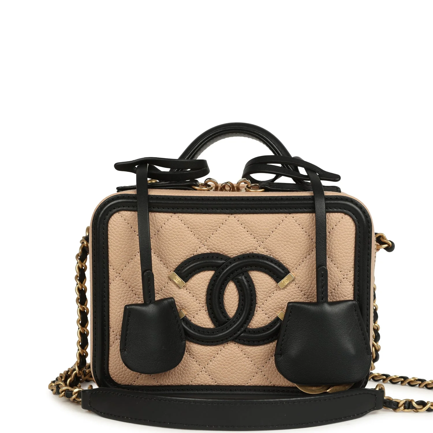 Pre-owned Chanel Small CC Filigree Vanity Case Black and Beige Caviar Antique Gold Hardware