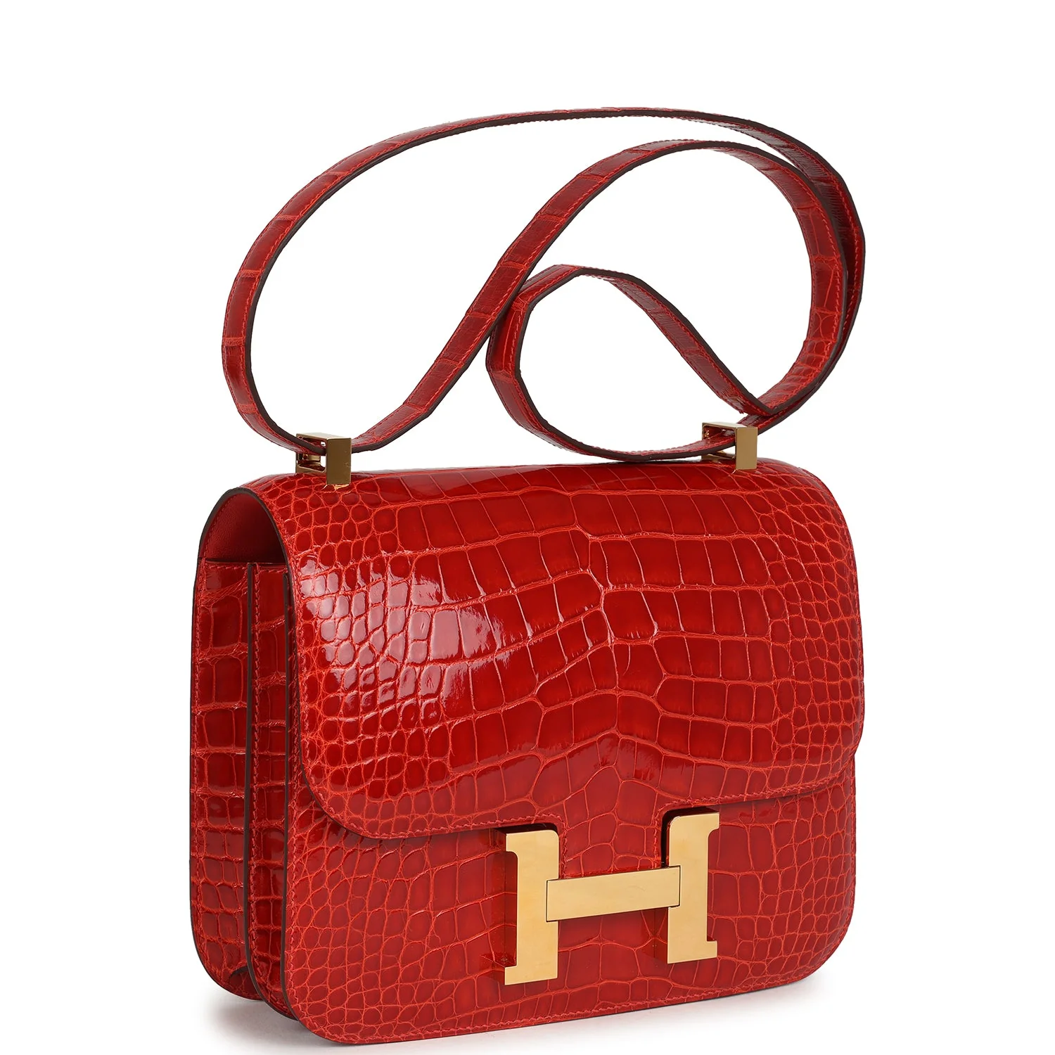 Pre-owned Hermes Constance 24 Geranium Shiny Alligator Gold Hardware