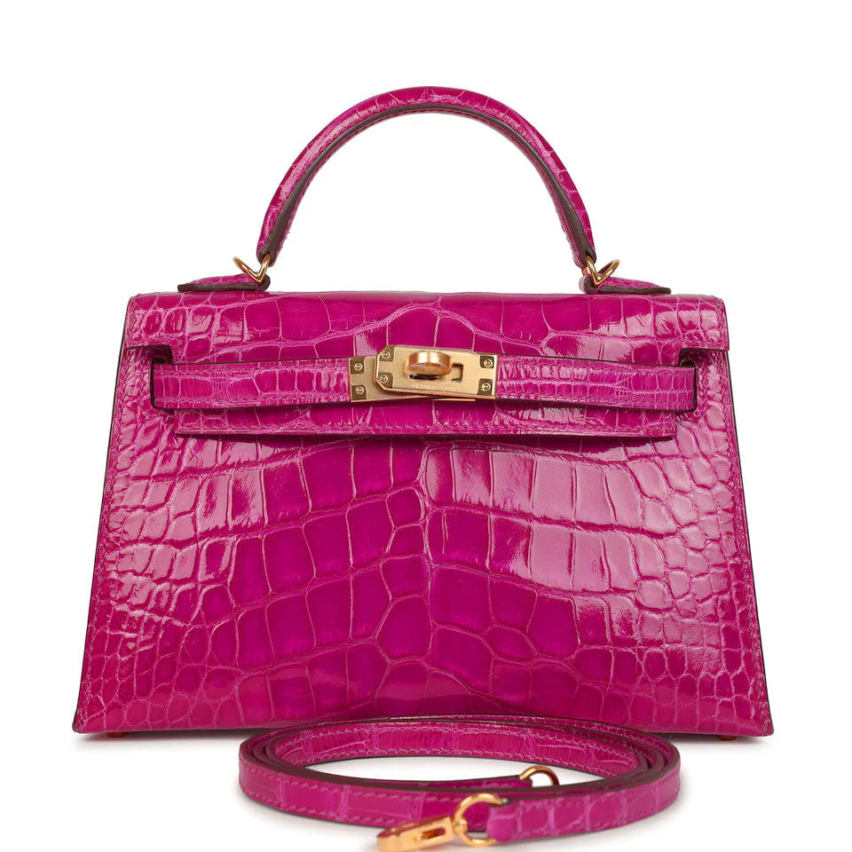 Pre-owned Hermes Kelly Sellier 20 Rose Scheherazade Shiny Alligator Gold Hardware