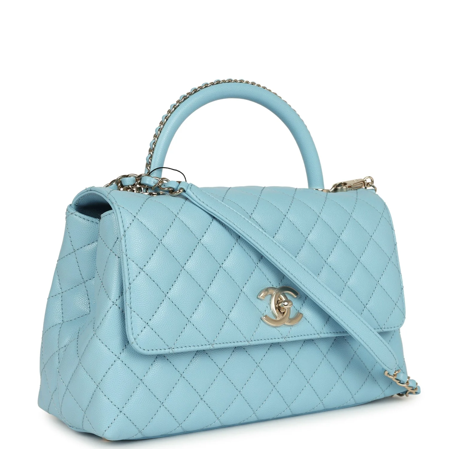 Chanel Medium Coco Top Handle Flap Bag Light Blue Shiny Caviar Light Gold Hardware