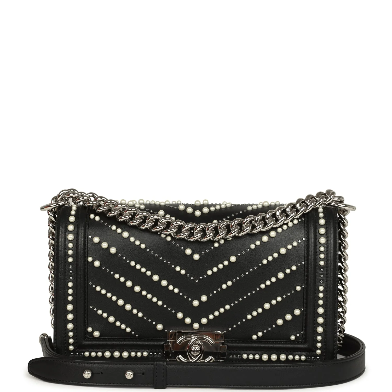 Chanel Medium Boy Bag Black Pearl Chevron Calfskin Silver Hardware
