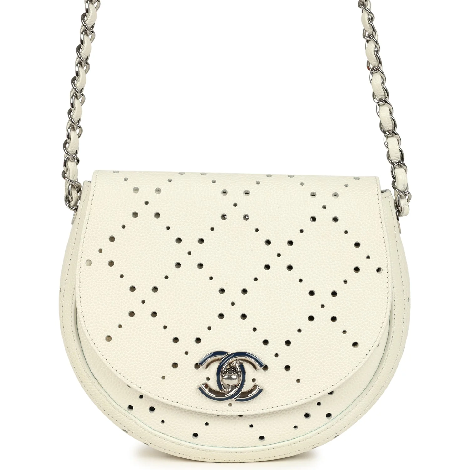 Pre-owned Chanel Perforated Messenger Bag White Caviar Silver Hardware