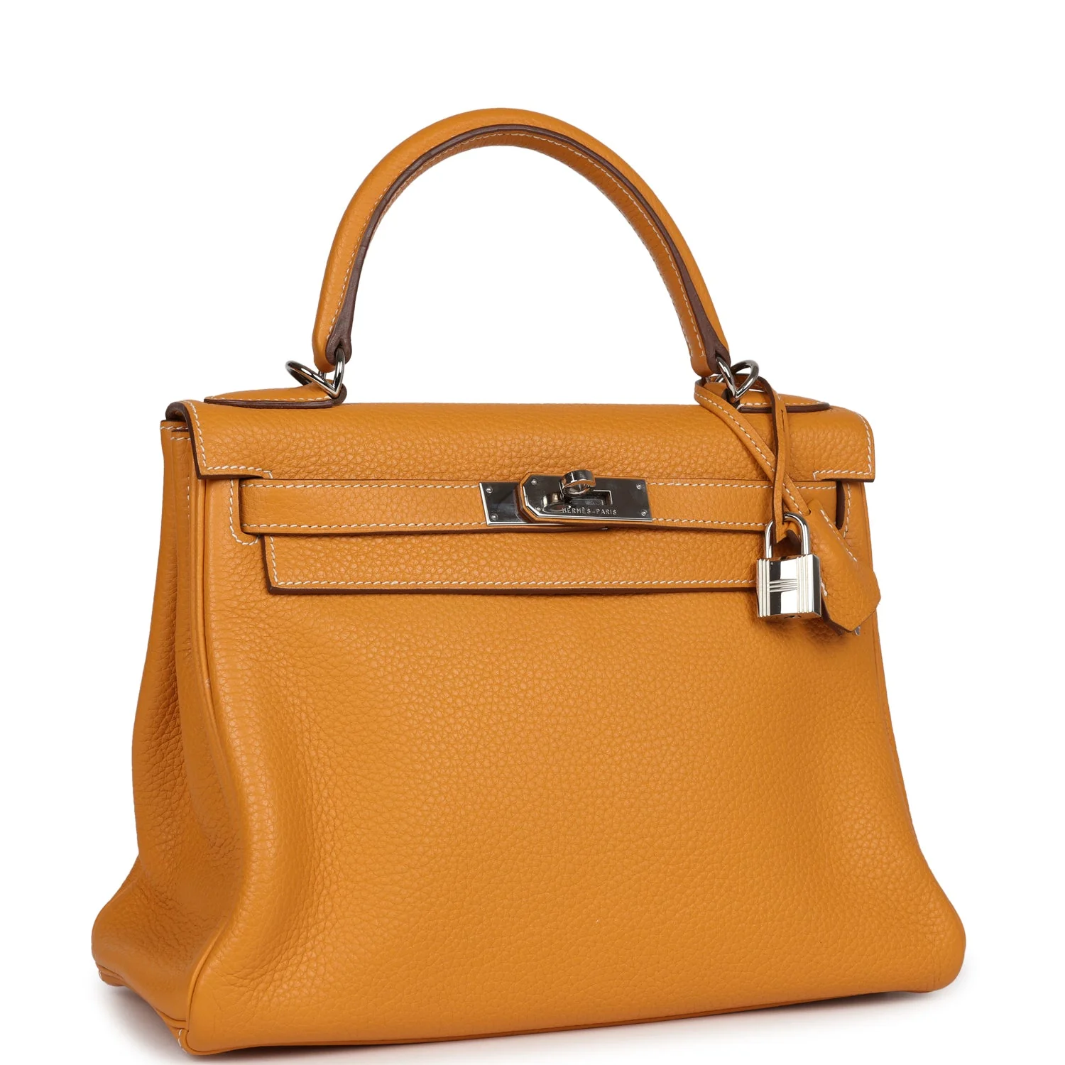 Pre-owned Hermes Kelly Retourne 28 Moutarde Clemence Palladium Hardware