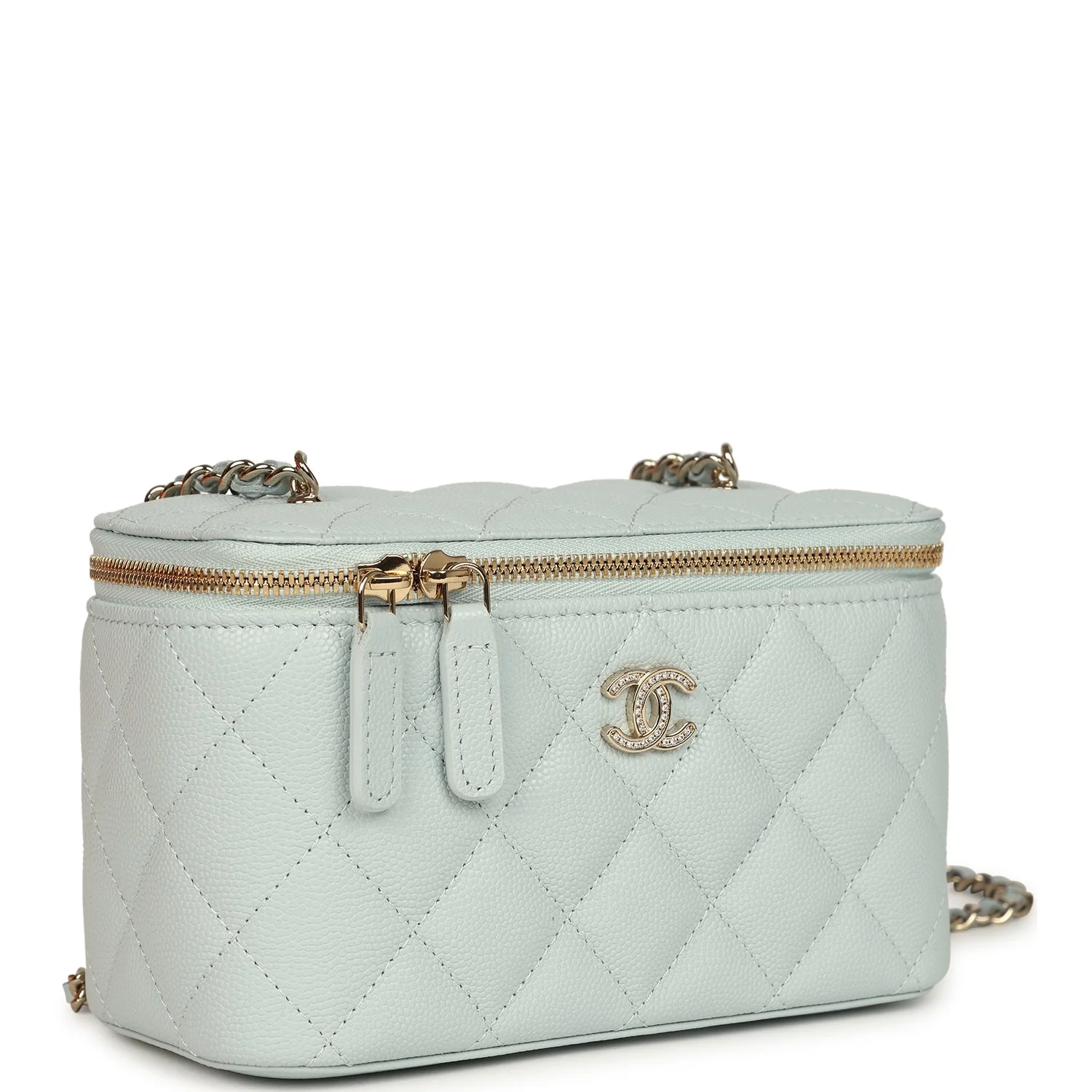 Chanel Small Rectangular Classic Vanity Case Light Blue Shiny Caviar Light Gold Hardware