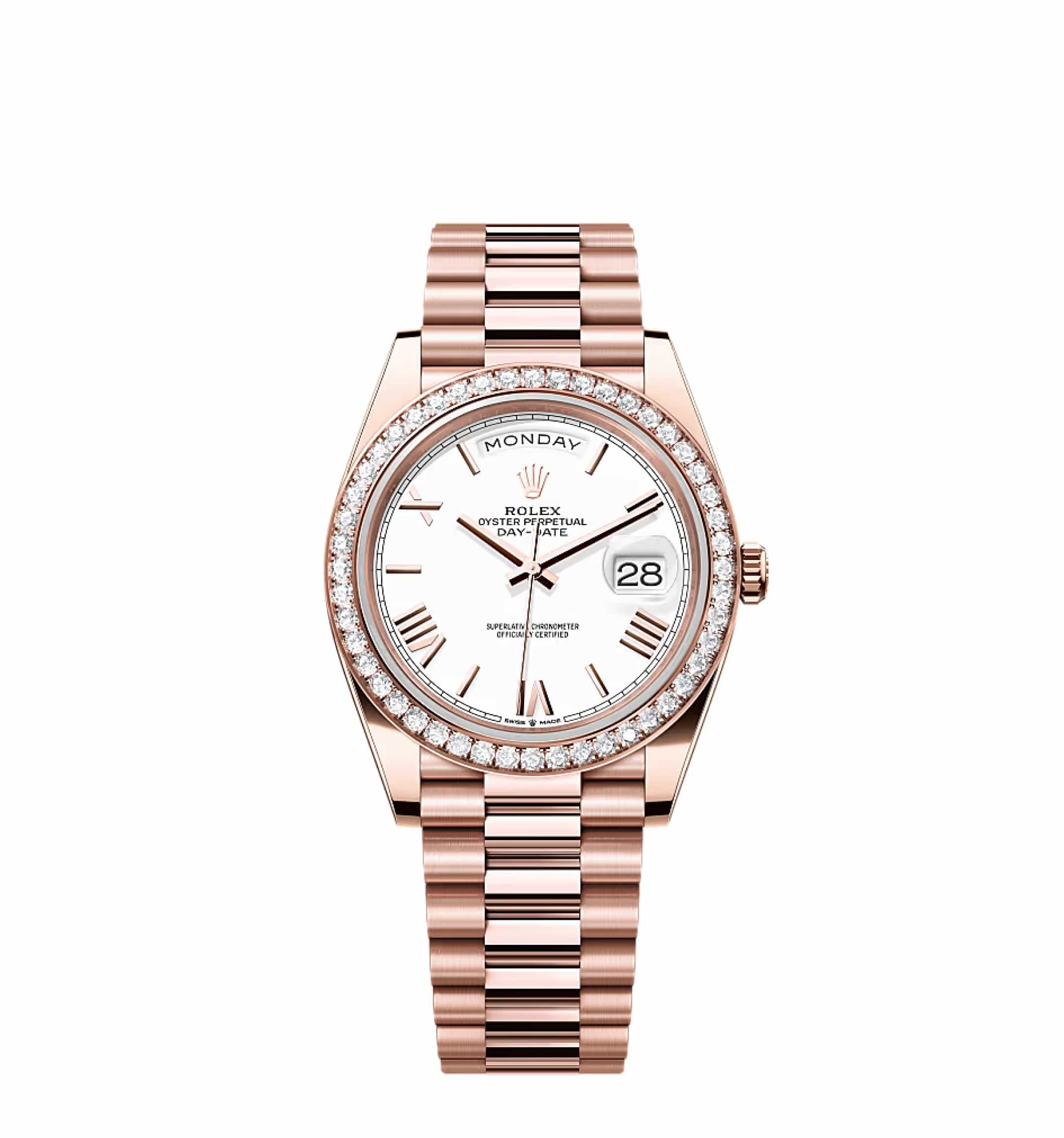 Rolex Day-Date 40 228235 Rose Gold White Roman Dial Diamond Bezel