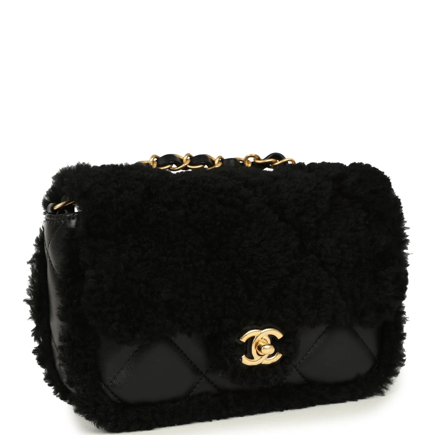 Chanel Mini Shearling Flap Bag Black Lambskin Brushed Gold Hardware