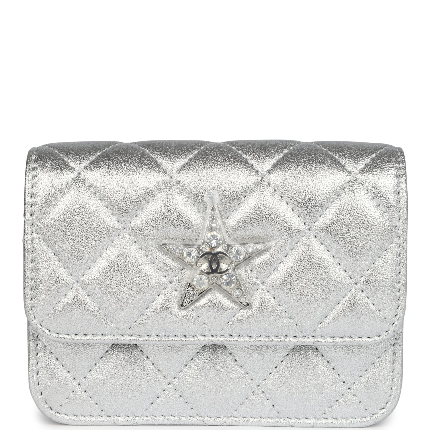 Chanel Crystal CC Walk Of Fame Clutch on Chain Silver Metallic Goatskin Silver Hardware