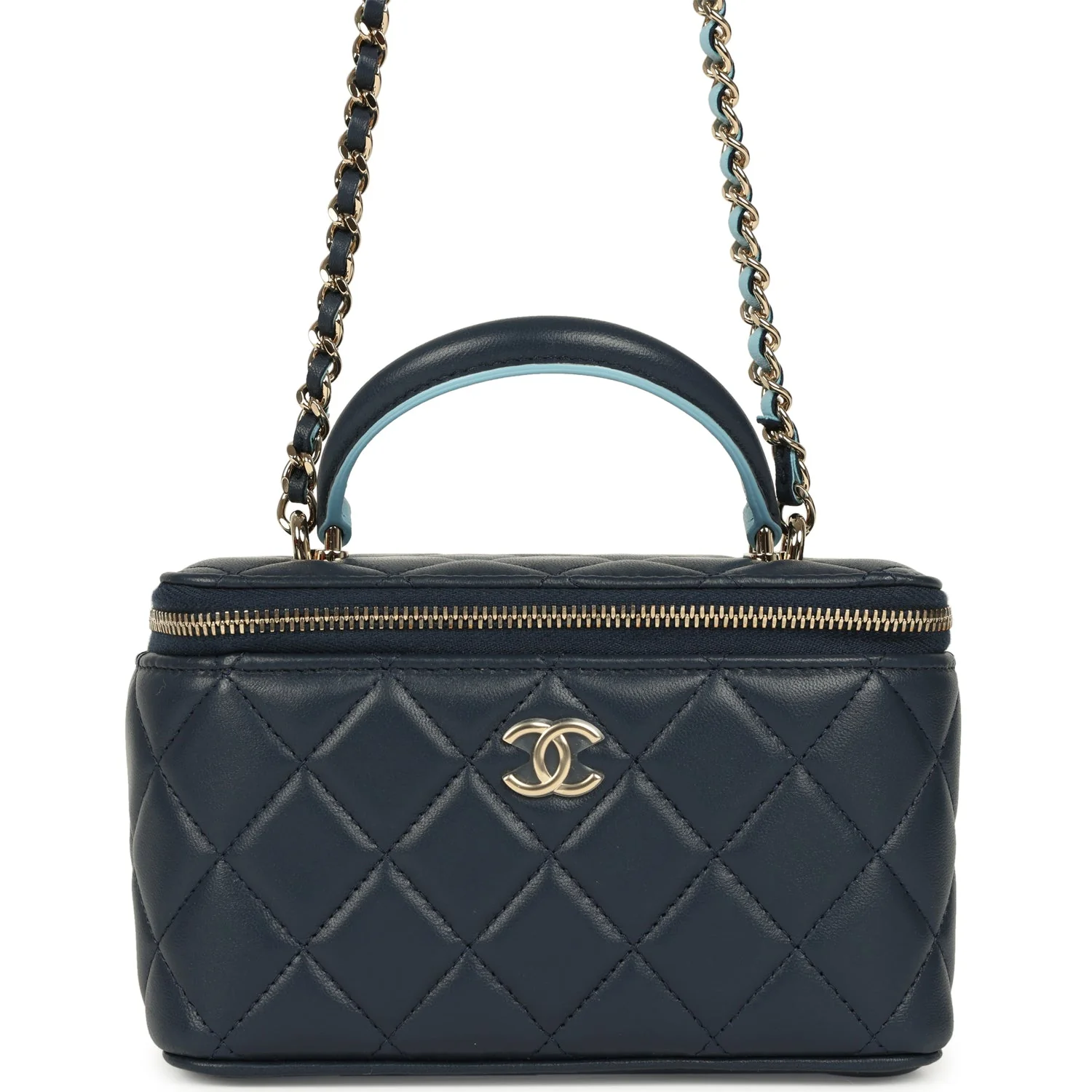 Chanel Small Top Handle Vanity Case Navy & Light Blue Lambskin Light Gold Hardware