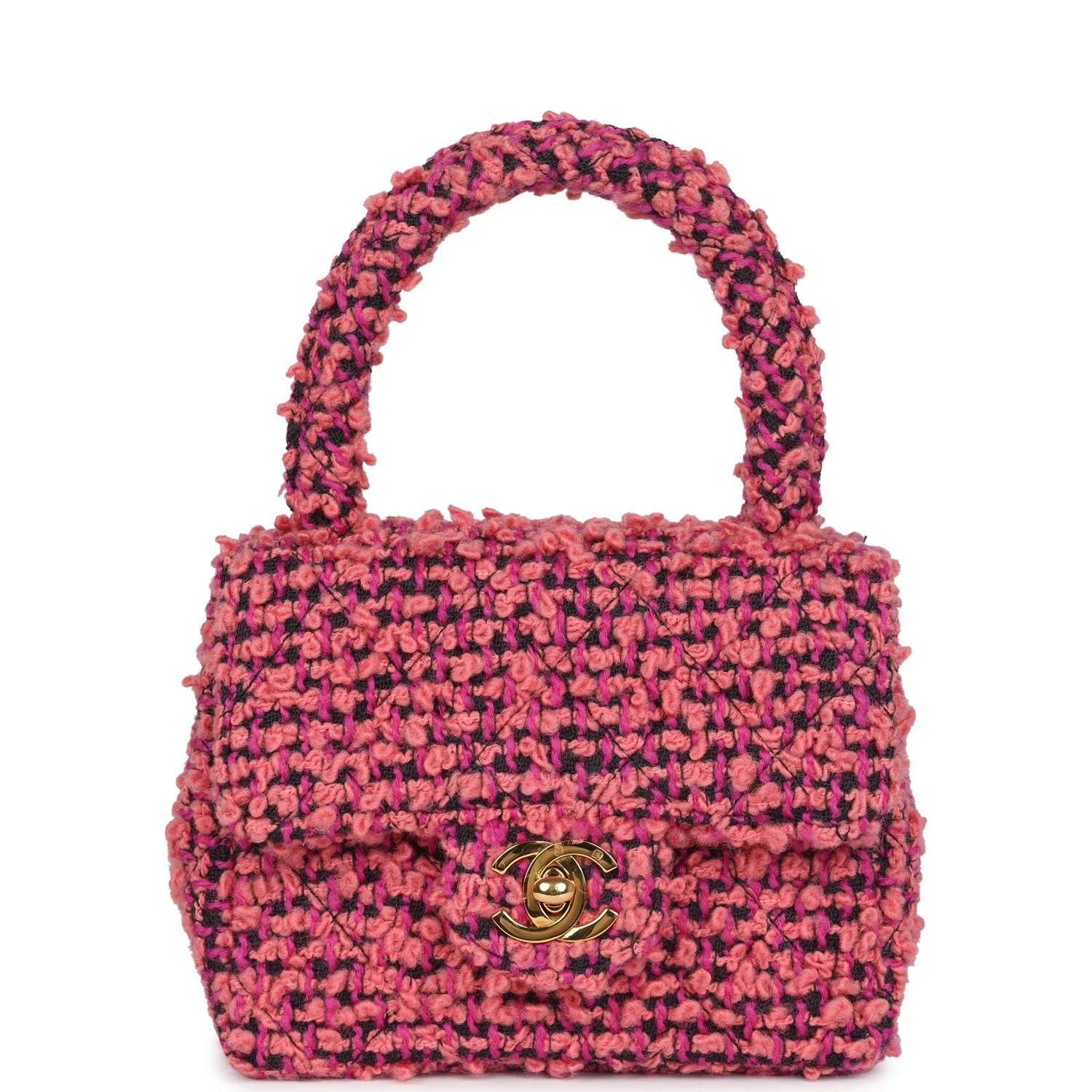 Vintage Chanel Micro Kelly Child Flap Bag Pink and Black Tweed Boucle Gold Hardware