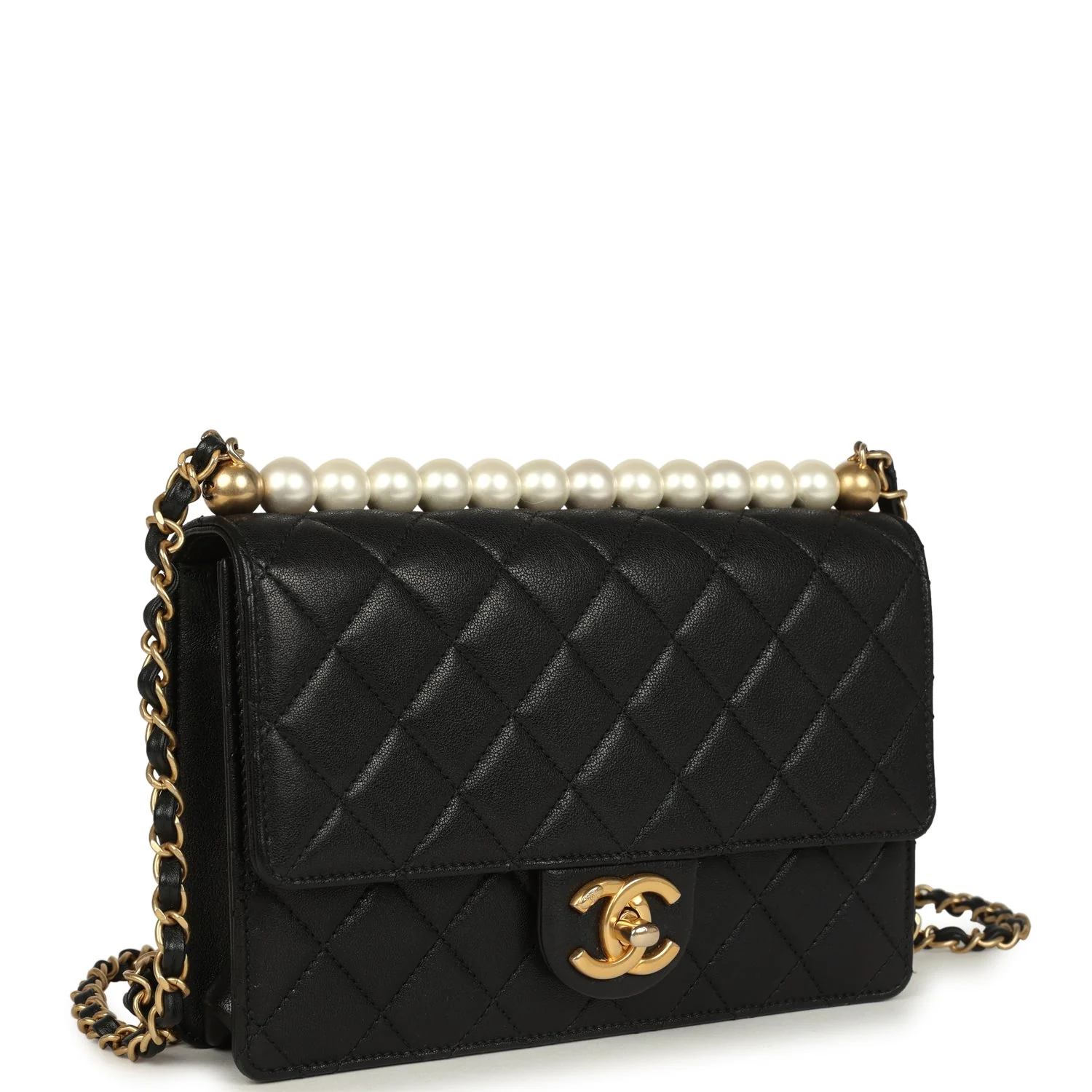 Pre-owned Chanel Small Chic Pearls Flap Bag Black Goatskin Antique Gold Hardware