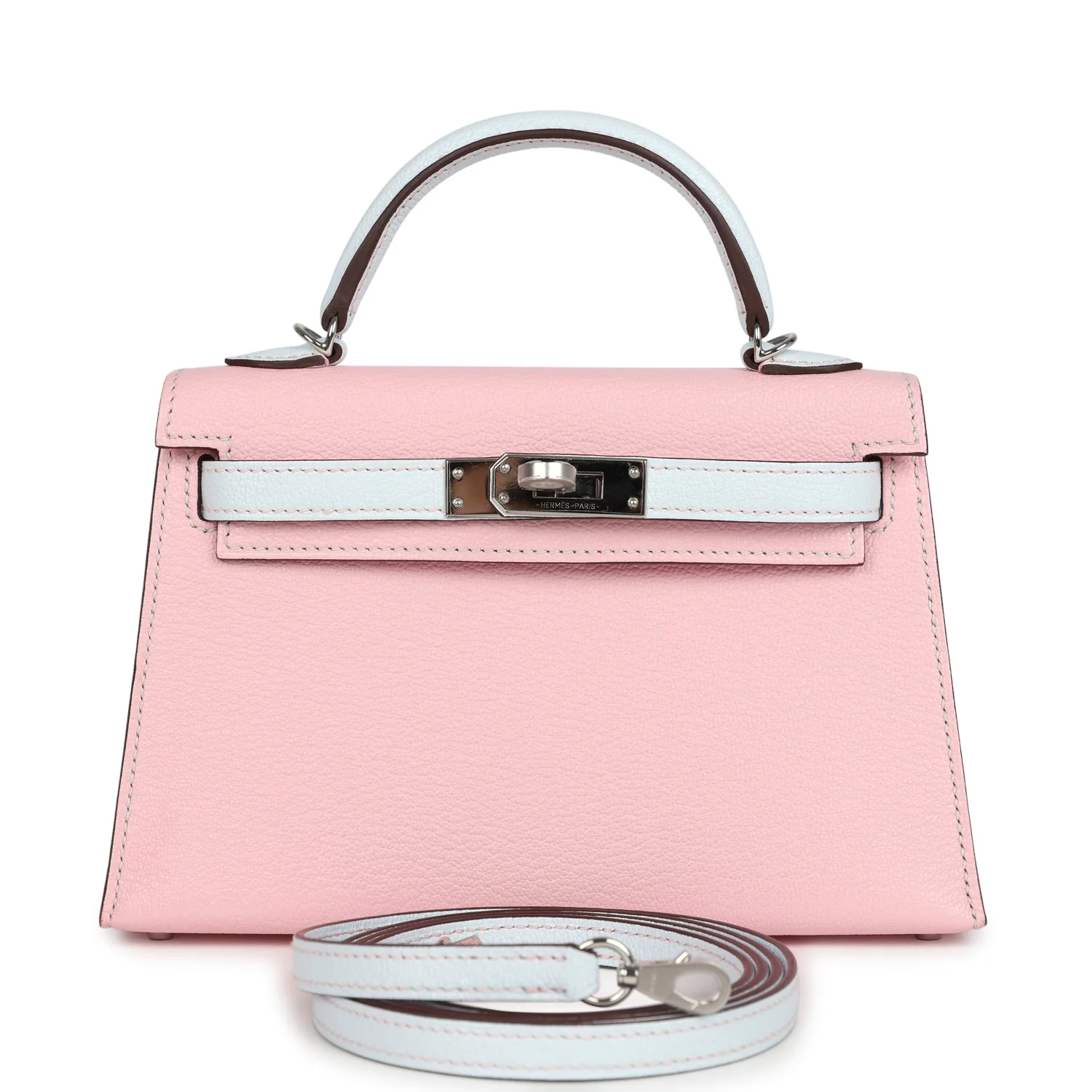 Hermes Special Order (HSS) Kelly Sellier 20 Rose Sakura and Bleu Brume Chevre Palladium Hardware