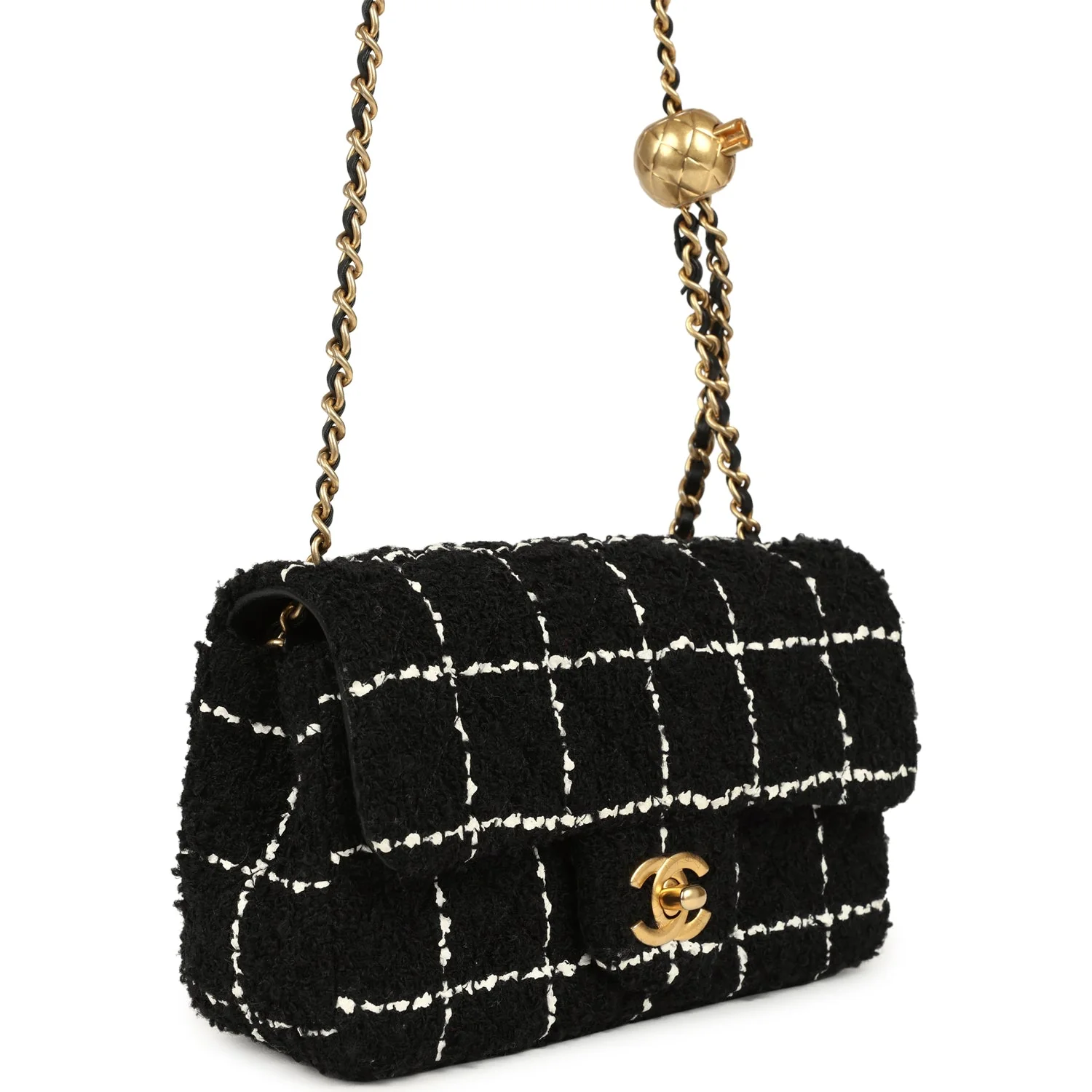 Pre-owned Chanel Mini Pearl Crush Square Flap Bag White and Black Tweed Antique Gold Hardware