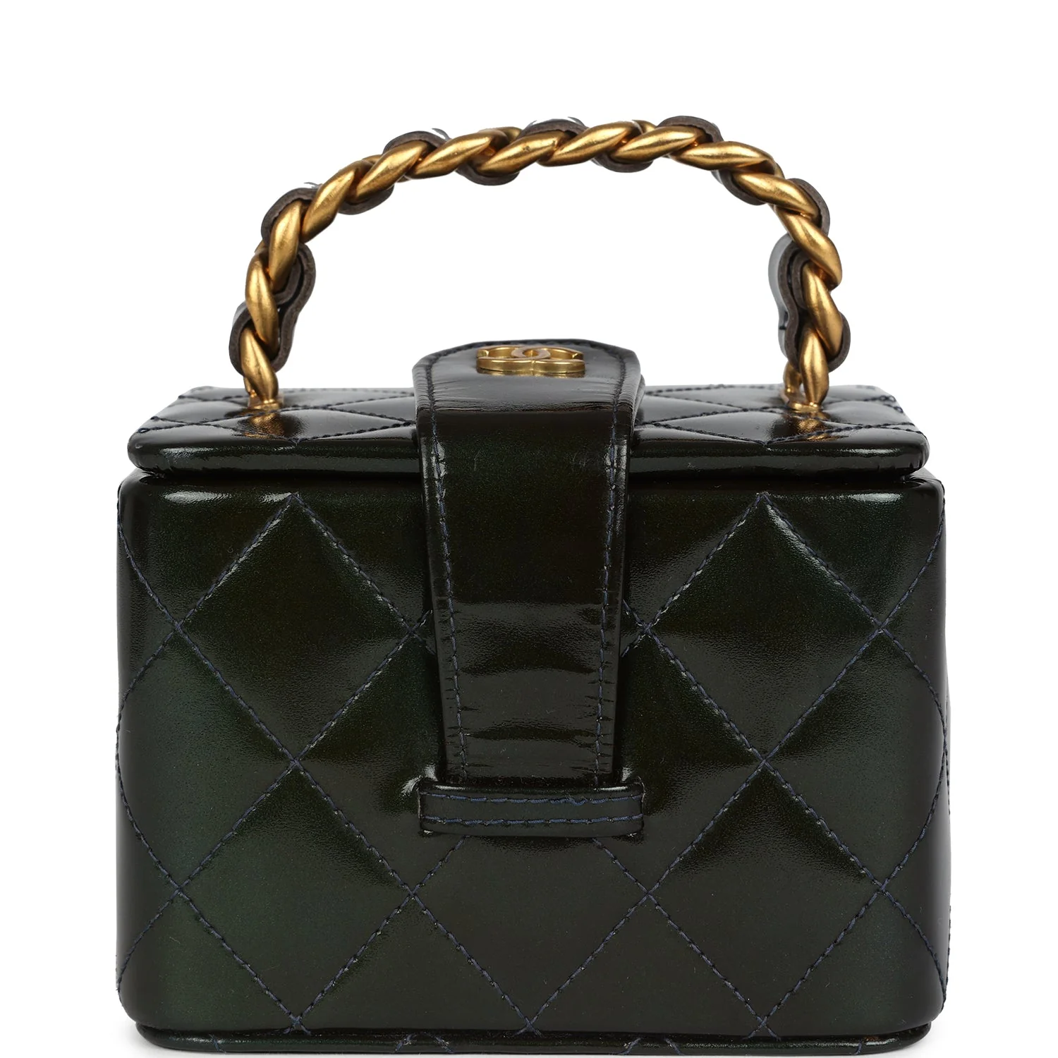 Vintage Chanel Mini Square Vanity Green Patent Antique Gold Hardware