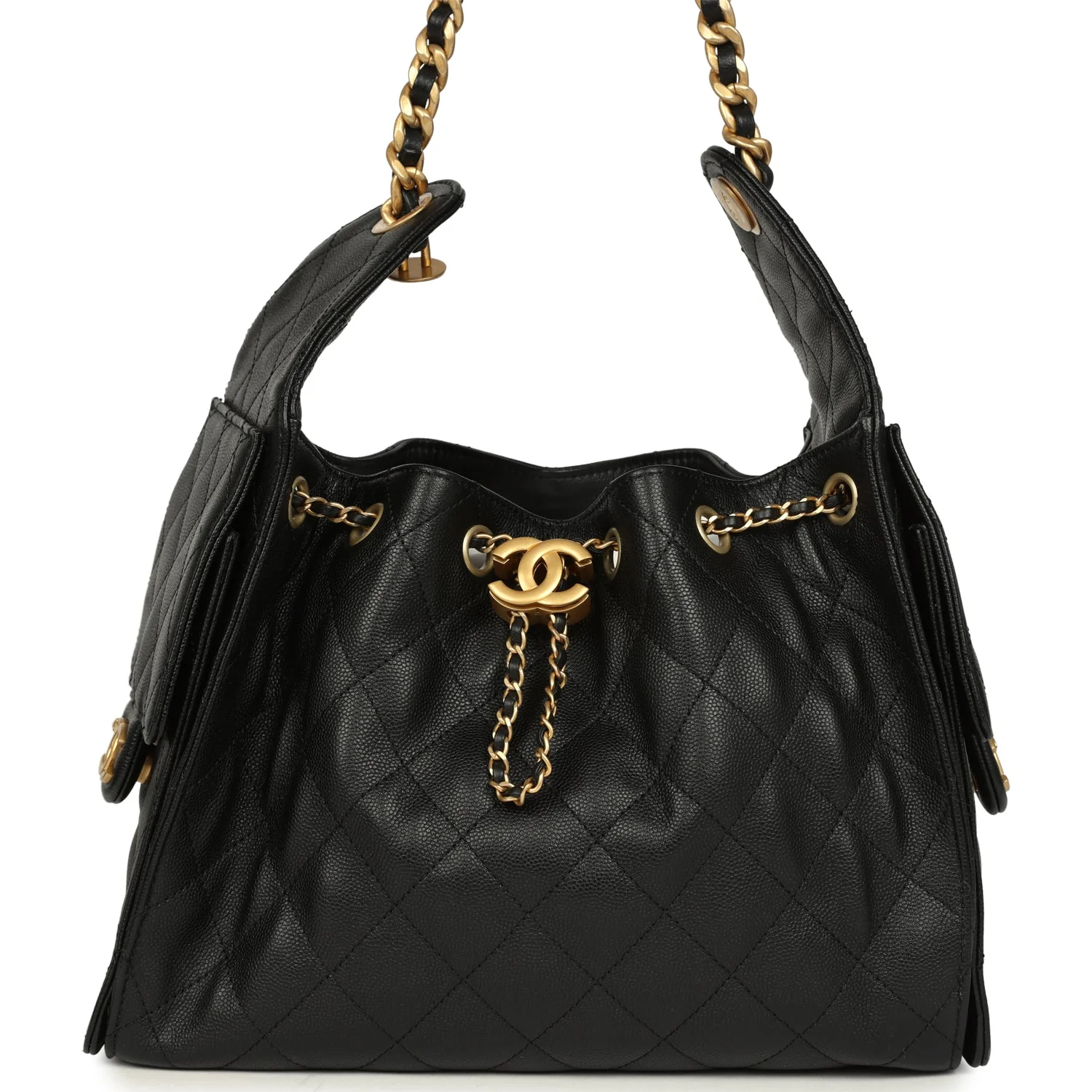 Pre-owned Chanel Small 25 Hobo Bag Black Caviar Antique Gold Hardware