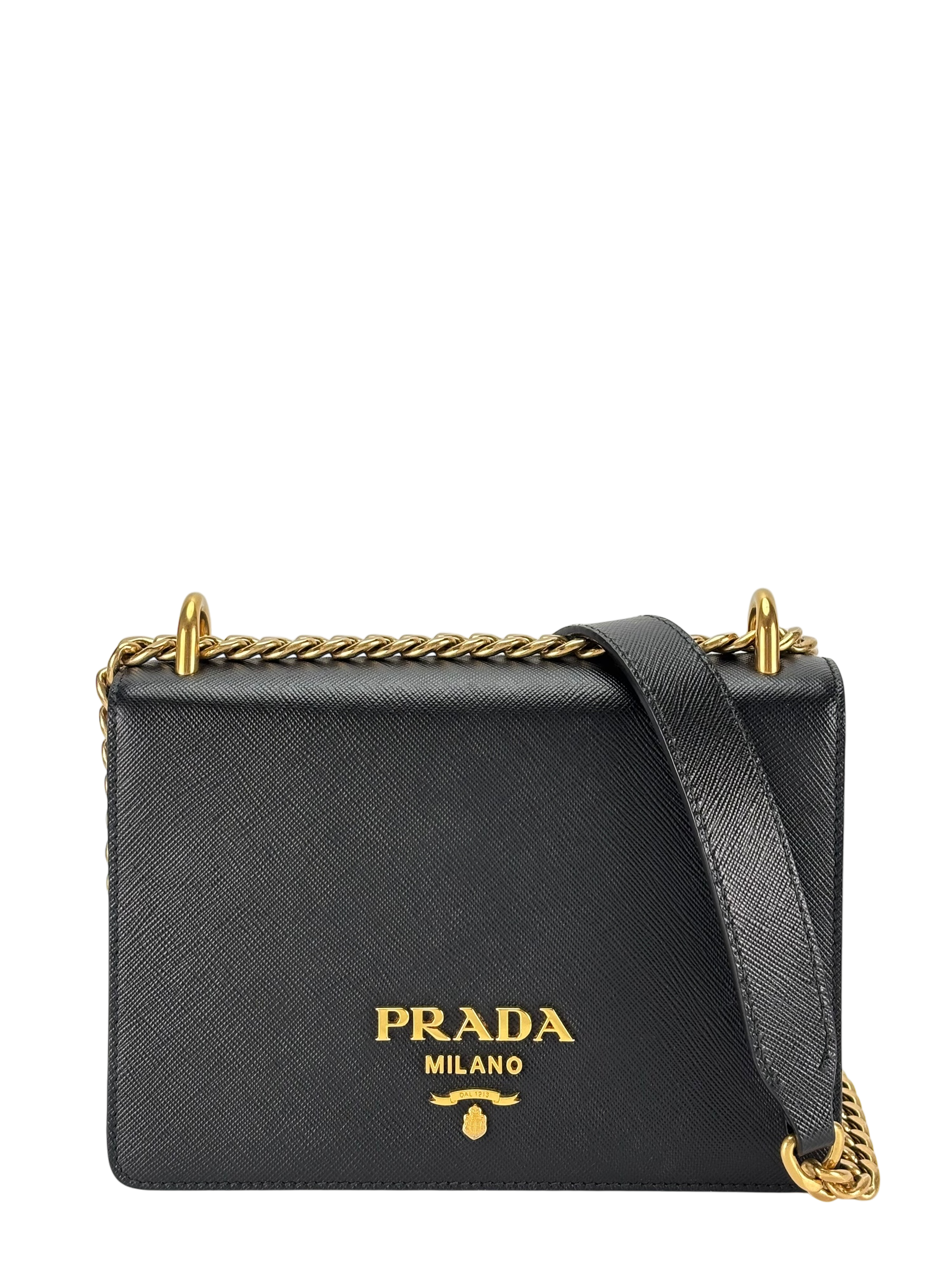 PRADA - Black Leather Saffiano Chain Shoulder Bag Gold Hardware