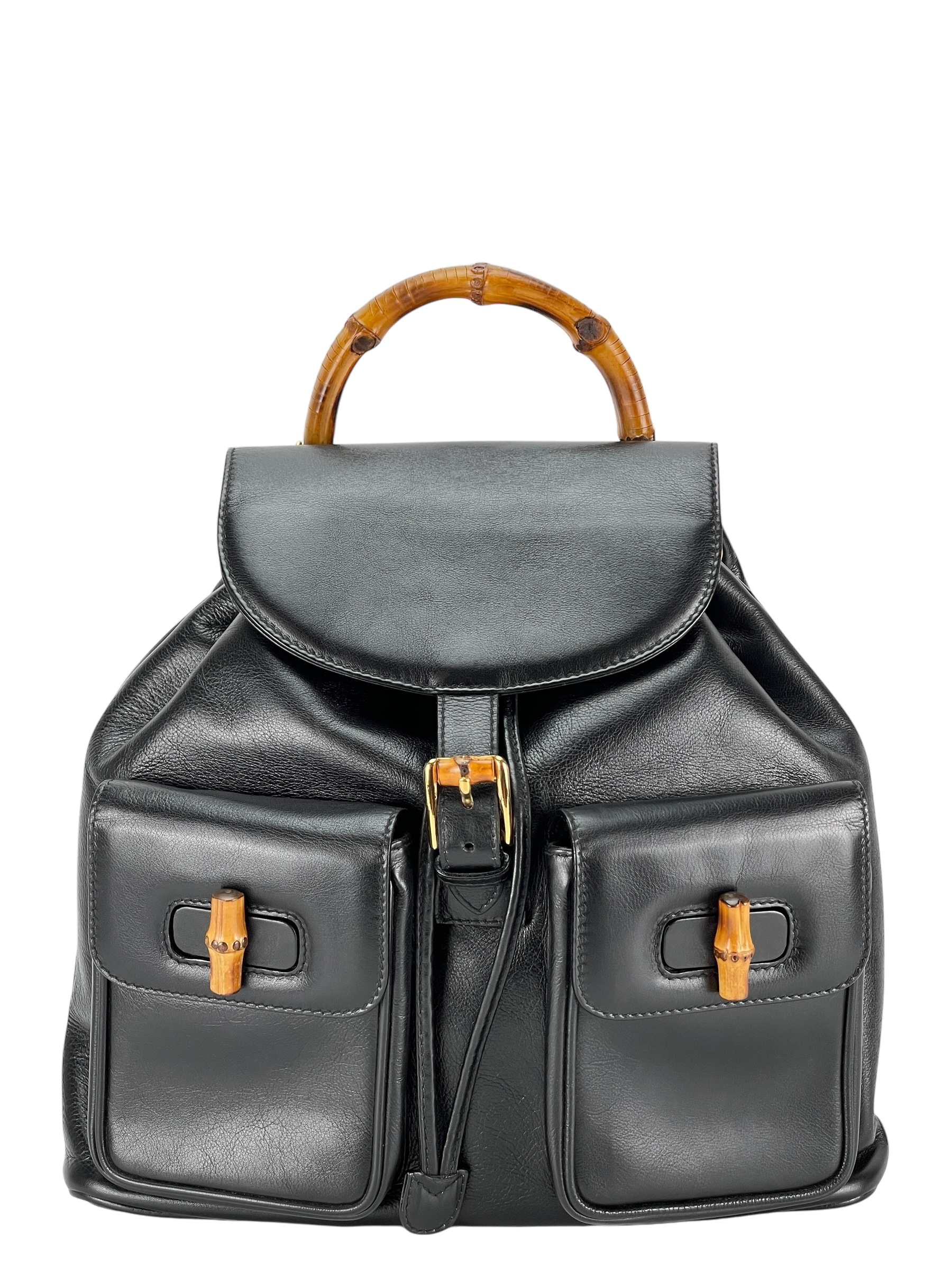 GUCCI - Vintage Black Leather Bamboo Backpack
