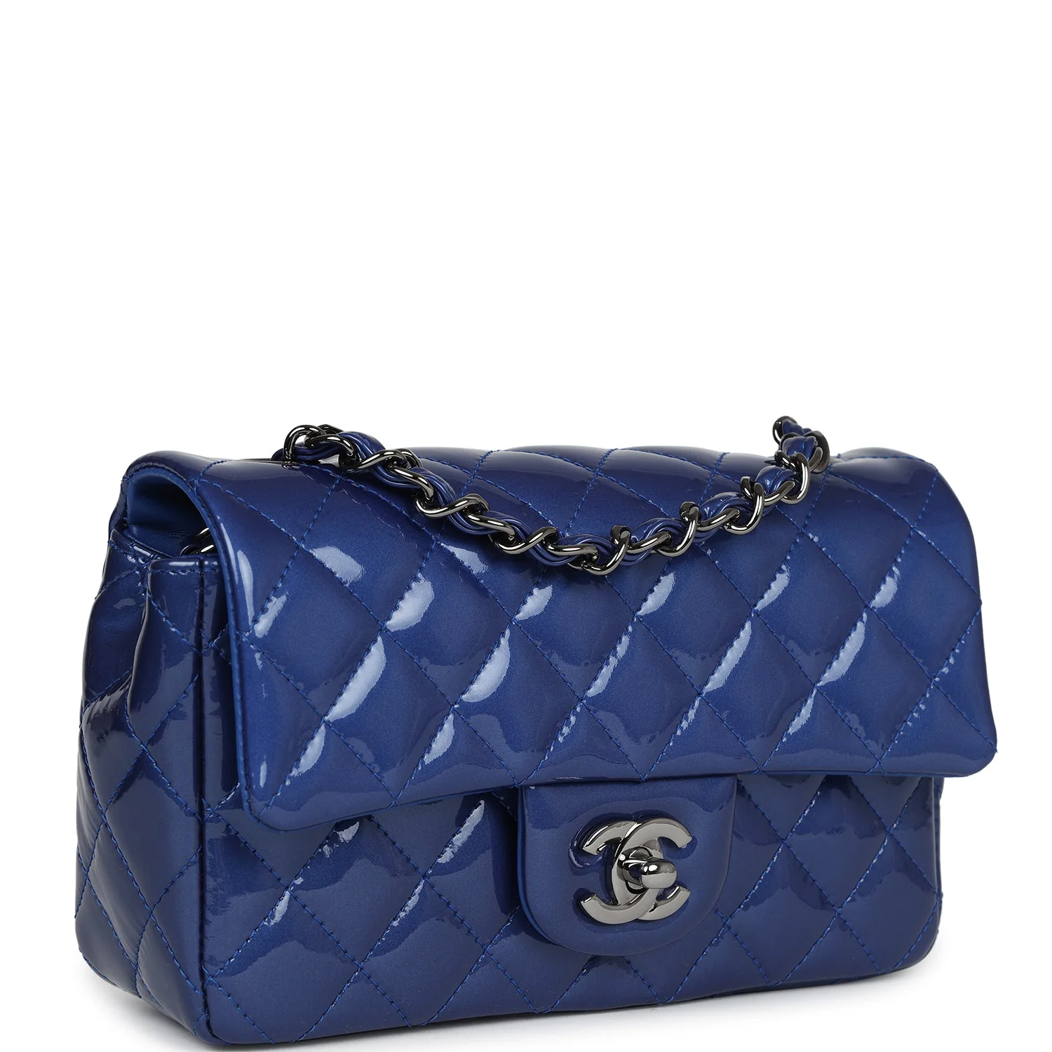 Pre-owned Chanel Mini Rectangular Flap Bag Blue Patent Ruthenium Hardware