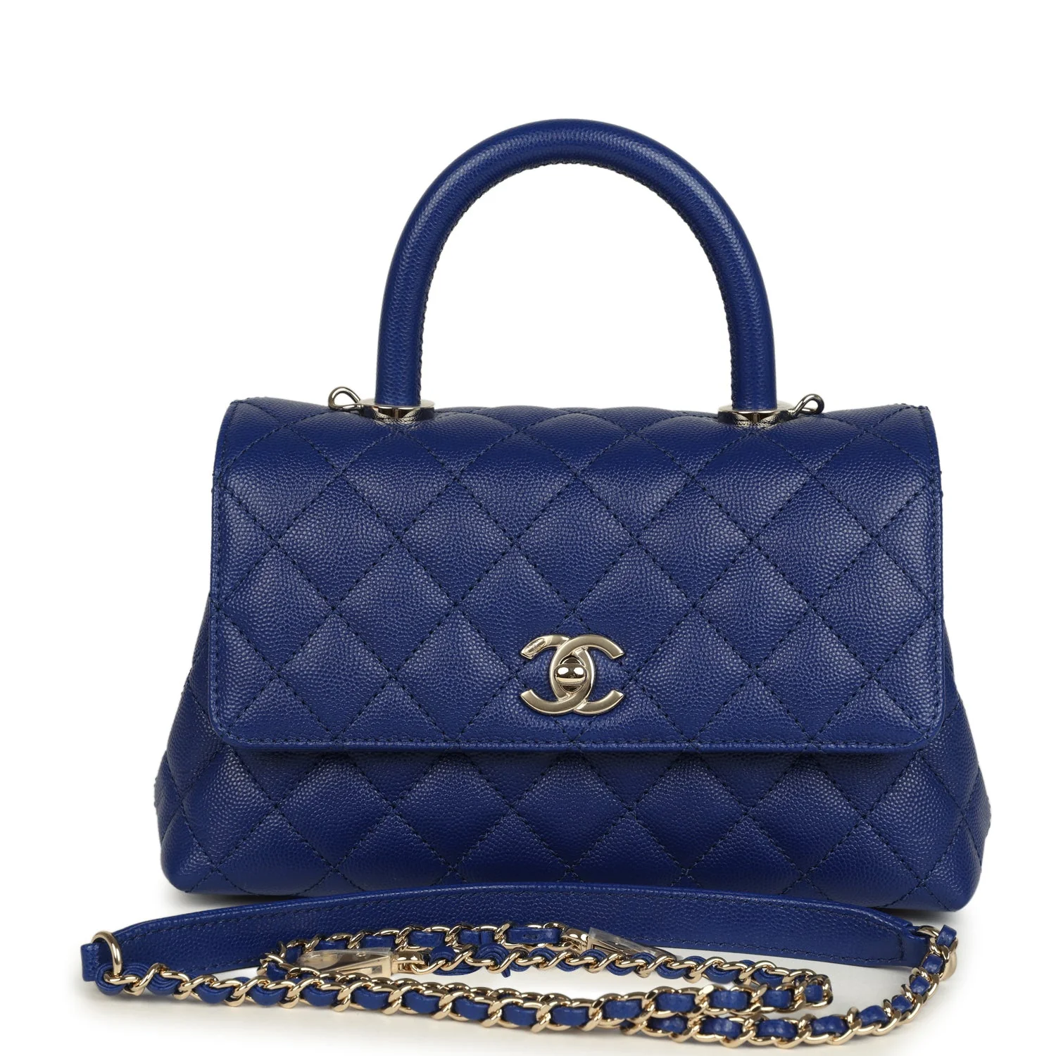 Chanel Small Coco Top Handle Flap Bag Dark Blue Shiny Caviar Light Gold Hardware