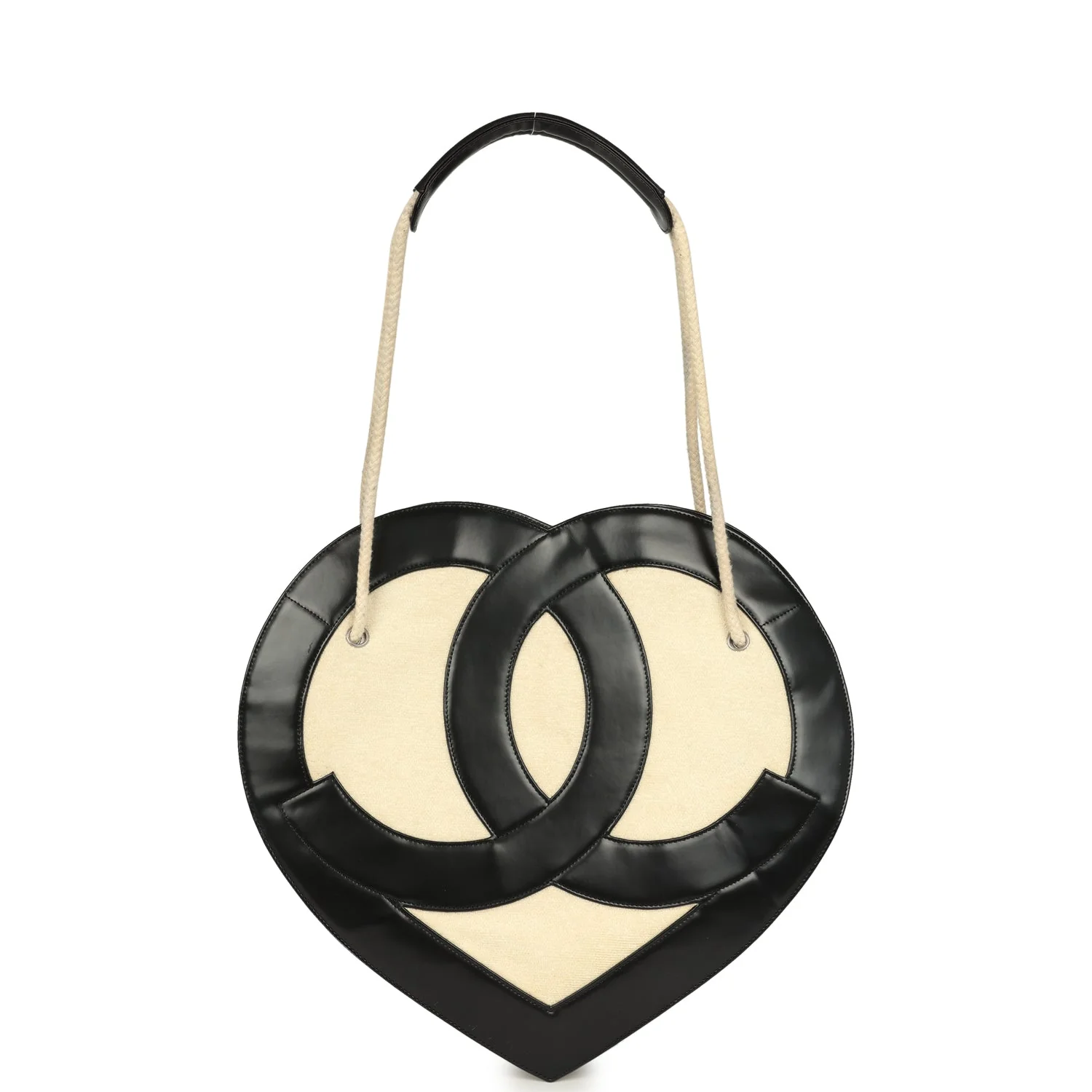 Pre-owned Chanel Jumbo Heart Tote Bag Cream Terry Cloth and Black Lambskin Silver Hardware