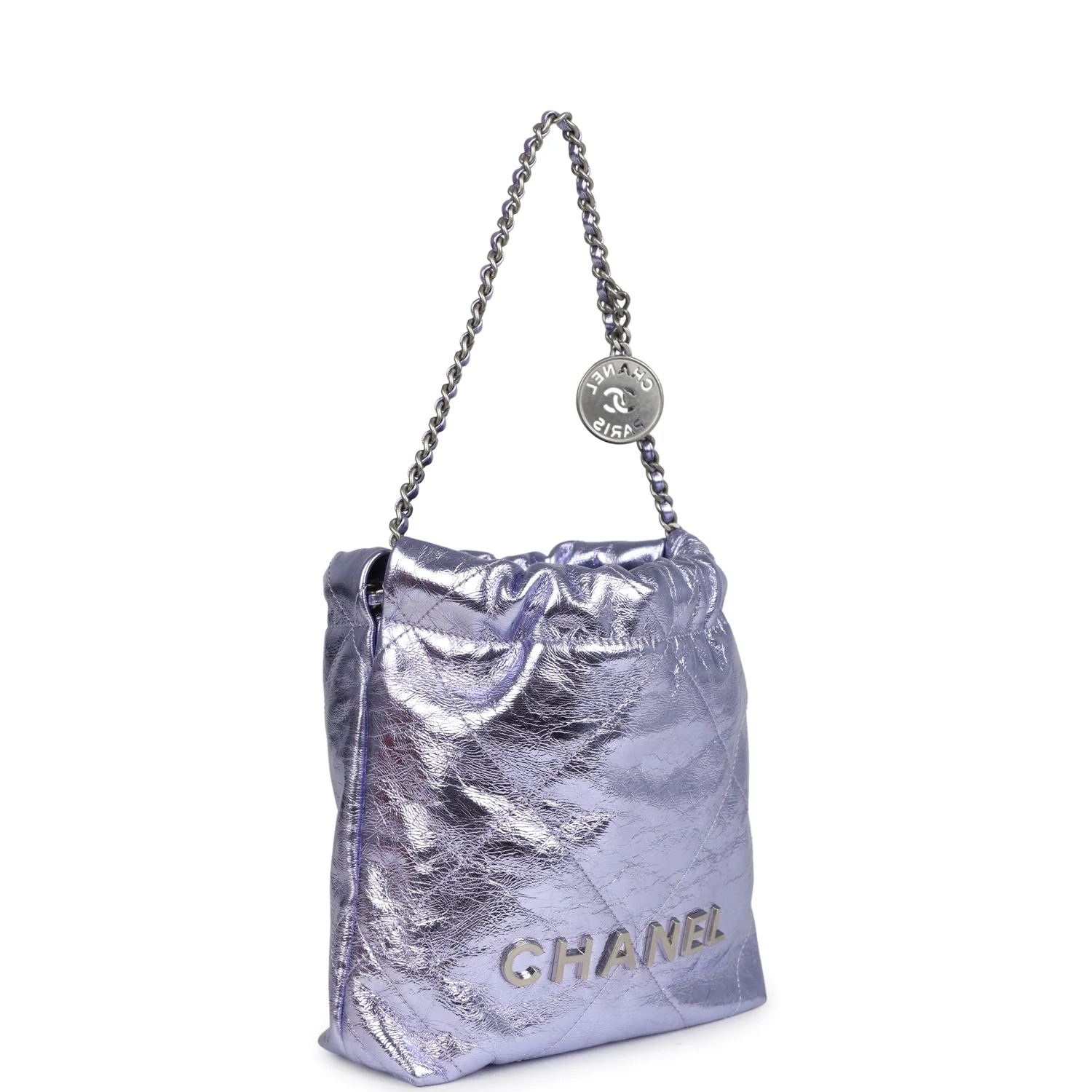 Chanel Mini 22 Bag Purple Metallic Calfskin Brushed Silver Hardware