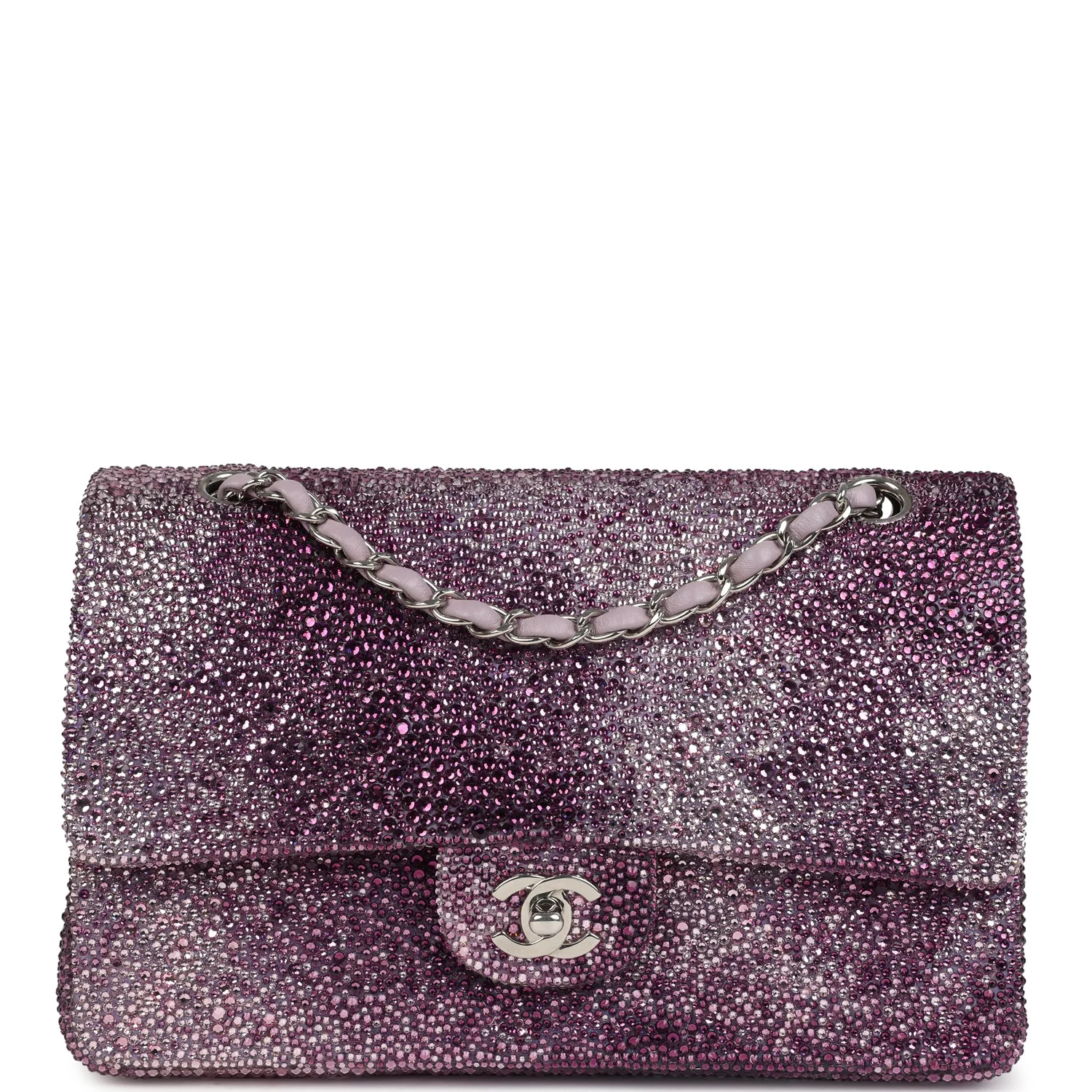 Custom Swarovski Crystal Vintage Chanel Medium Classic Double Flap Purple Lambskin Silver Hardware