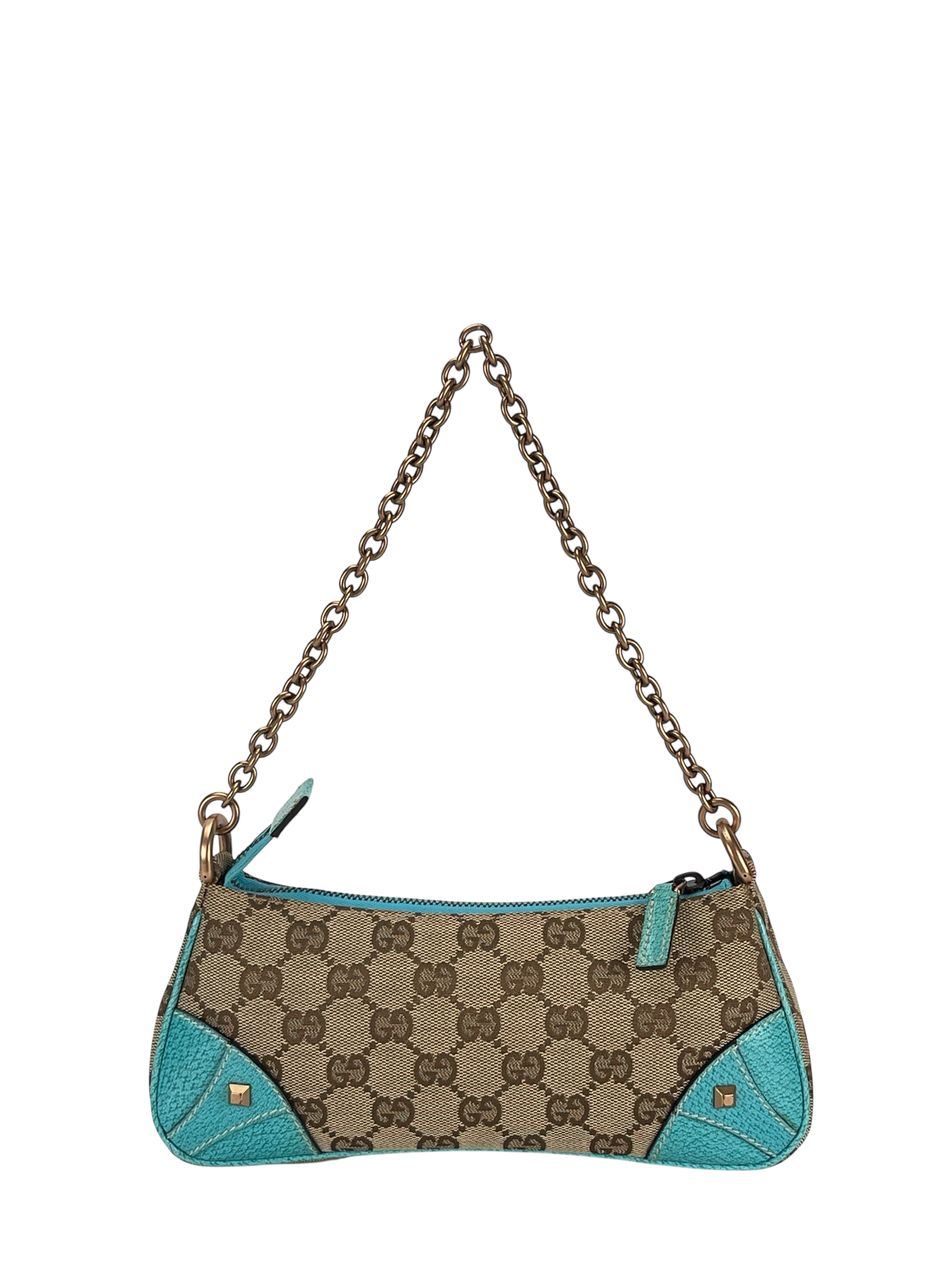 GUCCI - Beige Ophidia Blue Canvas Horsebit Nail Chain Shoulder Bag Pochette