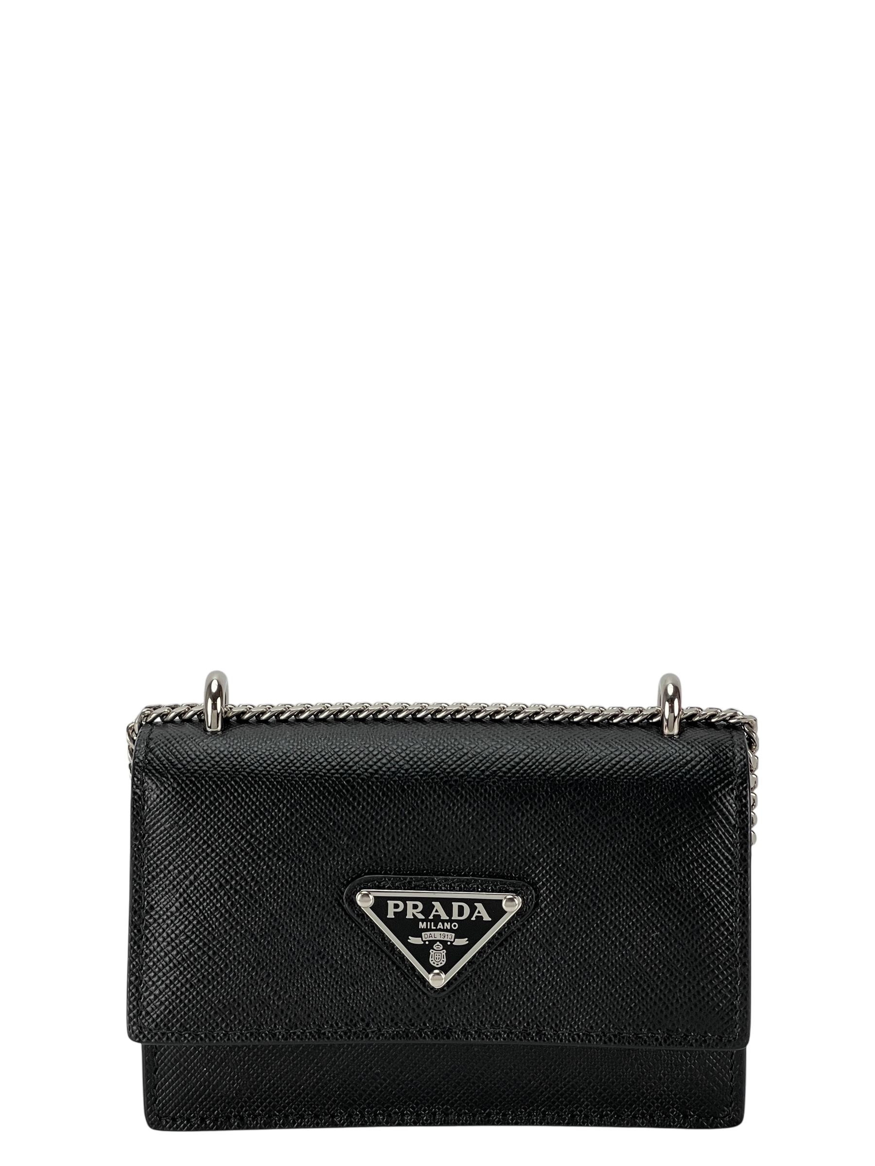 PRADA - Black Saffiano leather card holder with shoulder strap