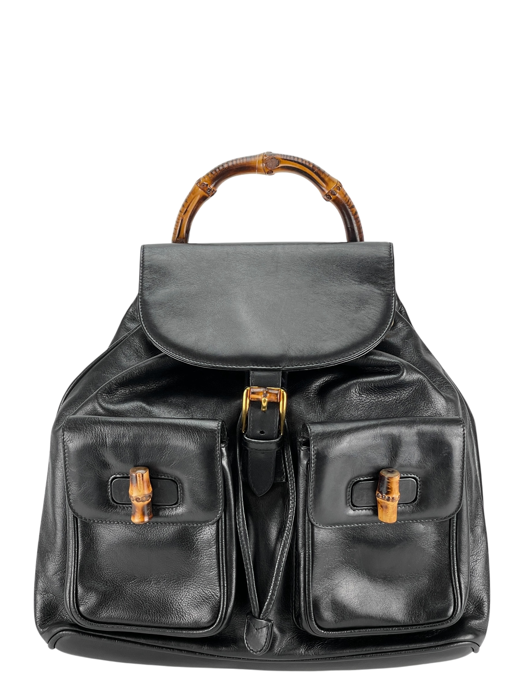 GUCCI - Vintage Black Leather Bamboo Backpack