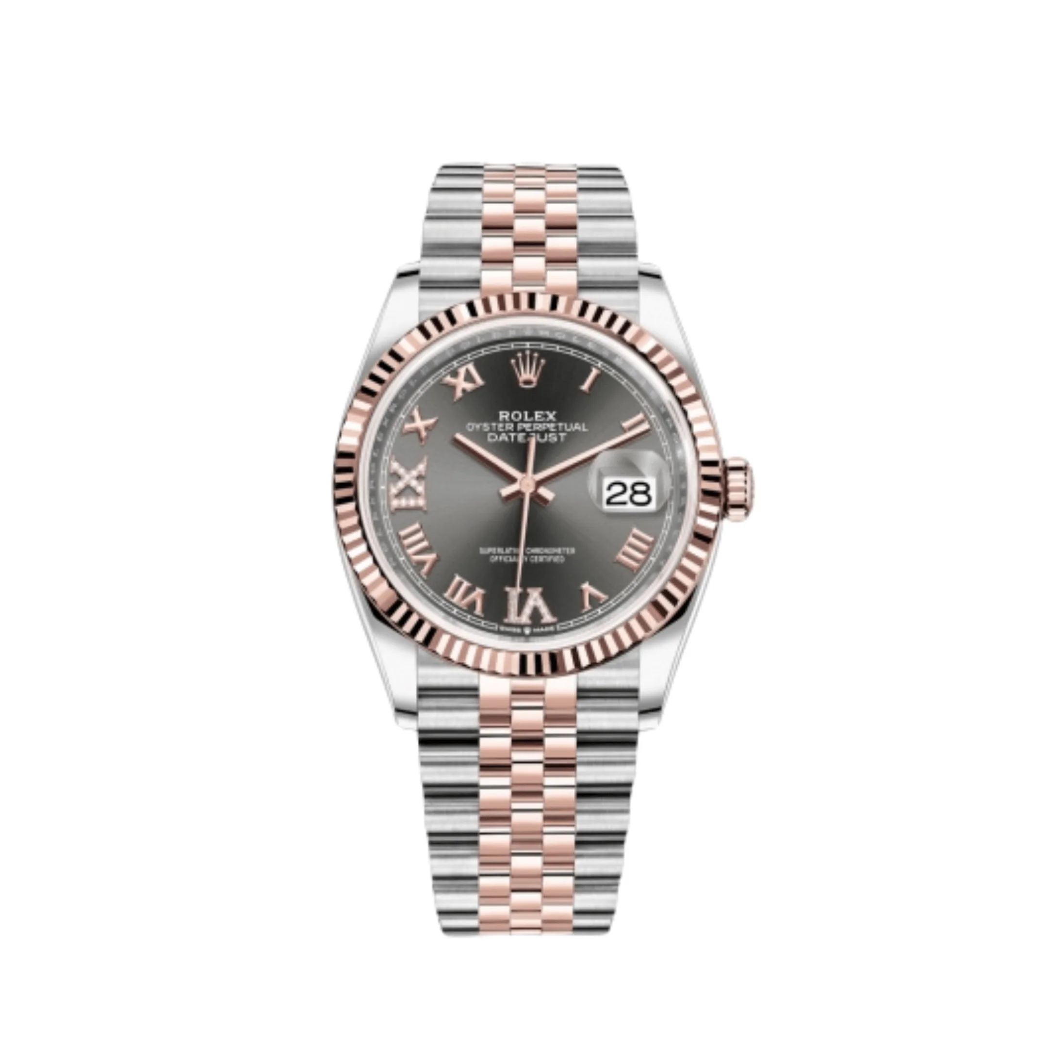 Rolex Datejust 36 126231 Rose Gold Stainless Steel Dark Rhodium Roman Numerals Diamond Dial Jubilee (2020)