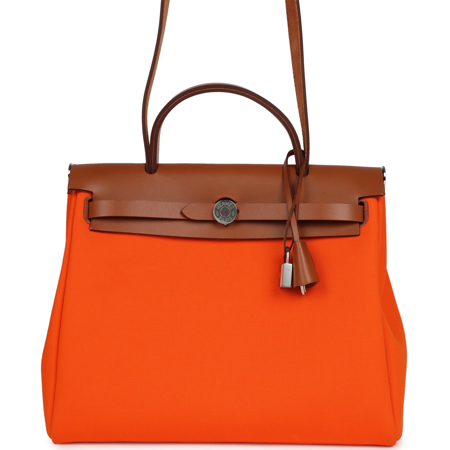 Pre-owned Hermes Herbag Zip PM 31 Orange Minium Toile H Canvas and Fauve Vache Hunter Palladium Hardware