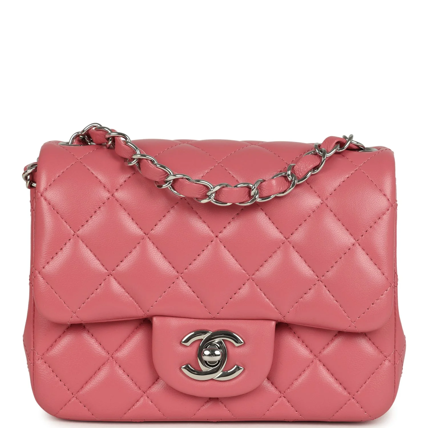 Chanel Mini Classic Square Flap Bag Pink Lambskin Silver Hardware