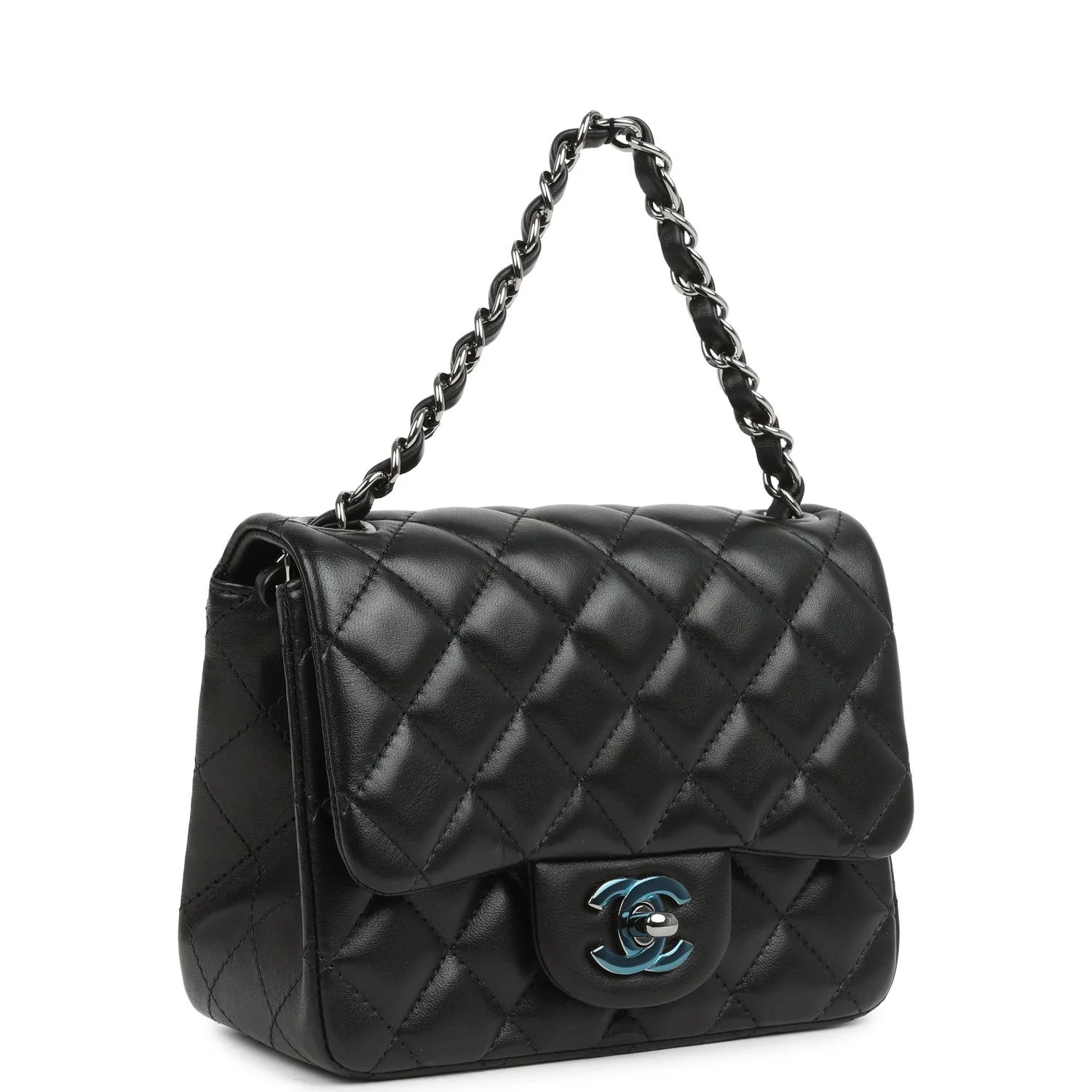 Pre-owned Chanel Mini Classic Square Flap Bag Black Lambskin Ruthenium Hardware