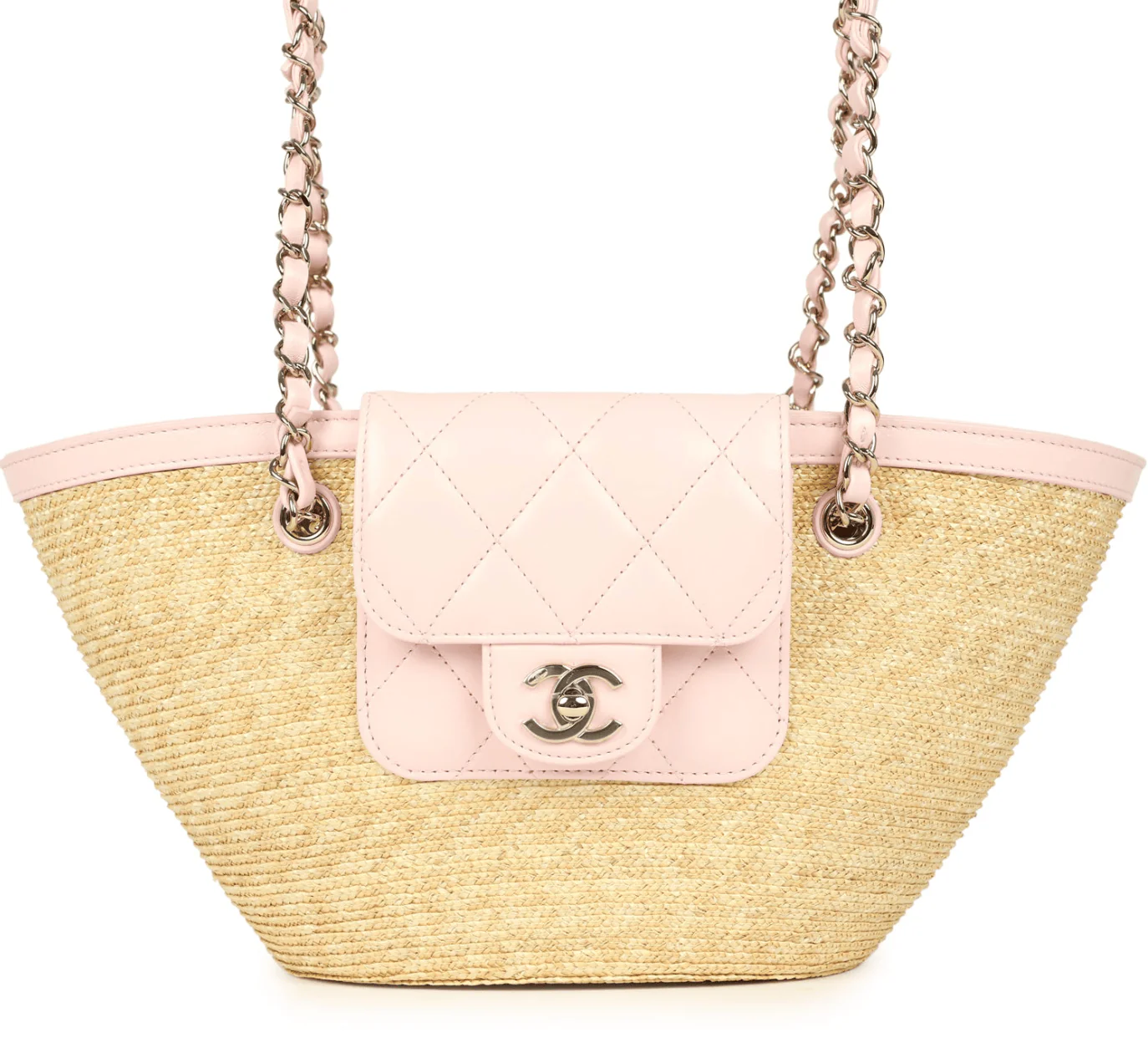Chanel Small Shopping Tote Bag Beige Raffia and Light Pink Lambskin Light Gold Hardware